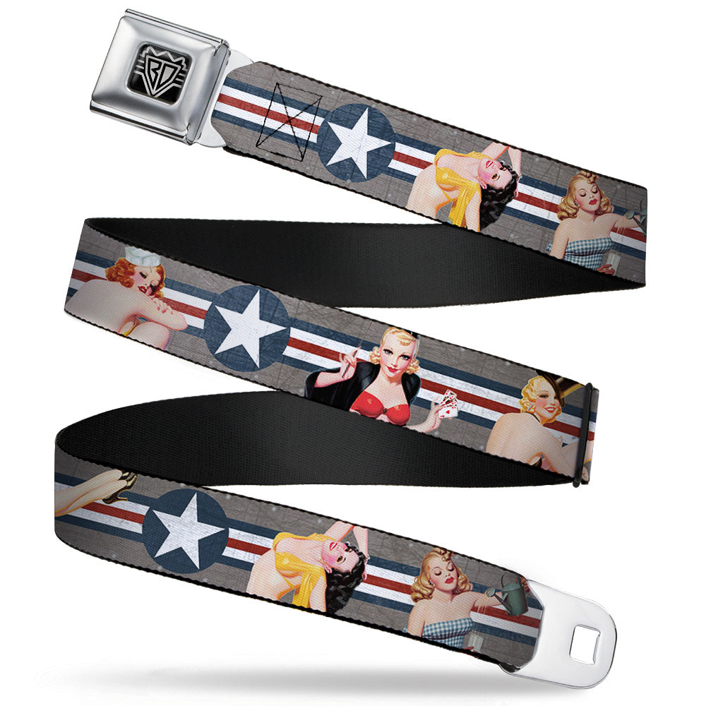BD Wings Logo CLOSE-UP Full Color Black Silver Seatbelt Belt - Pin Up Girl Poses Star & Stripes Gray/Blue/White/Red Webbing Seatbelt Belts Buckle-Down