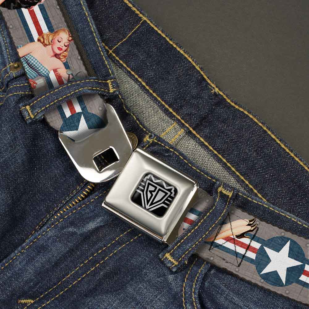 BD Wings Logo CLOSE-UP Full Color Black Silver Seatbelt Belt - Pin Up Girl Poses CLOSE-UP Star & Stripes Gray/Blue/White/Red Webbing Seatbelt Belts Buckle-Down
