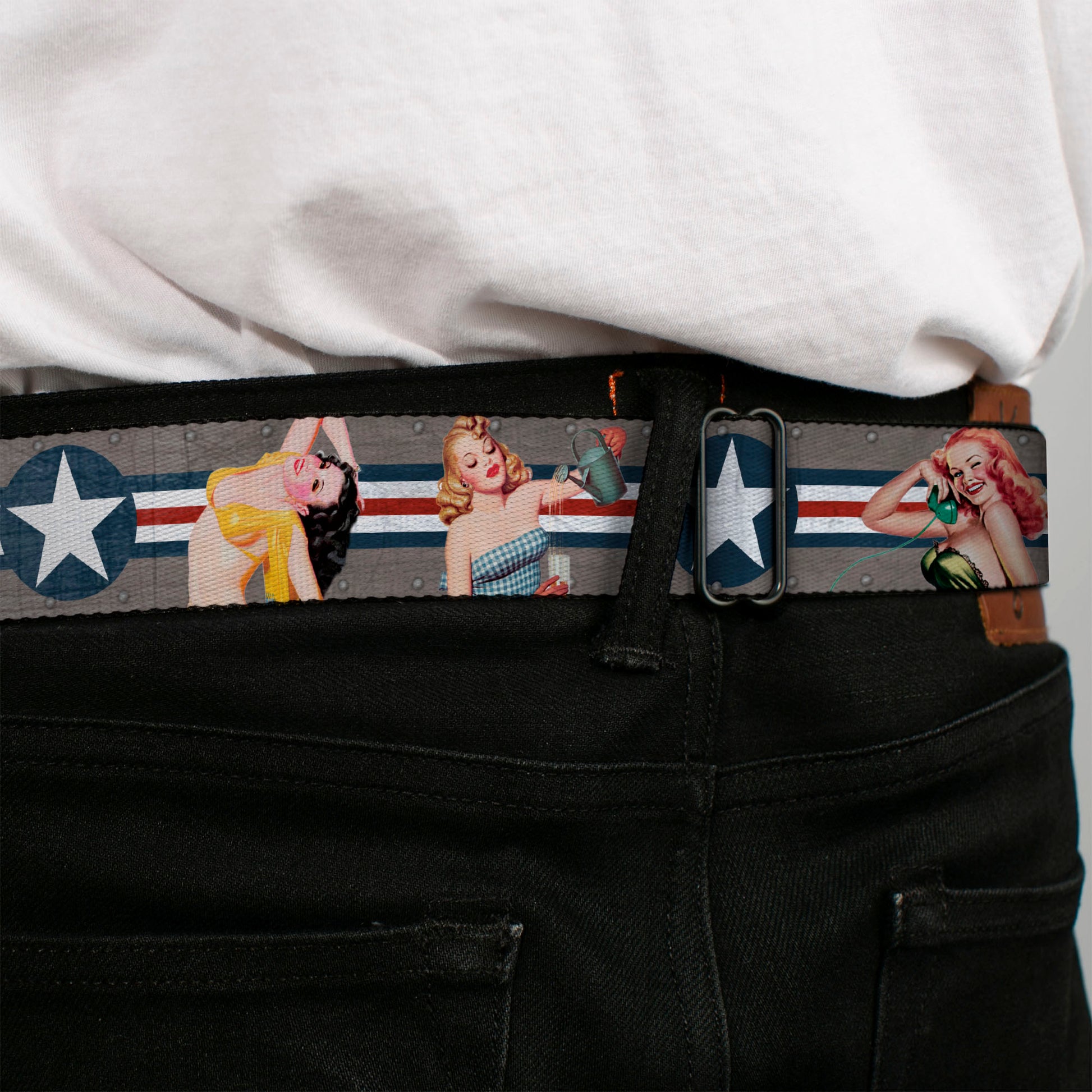 BD Wings Logo CLOSE-UP Full Color Black Silver Seatbelt Belt - Pin Up Girl Poses CLOSE-UP Star & Stripes Gray/Blue/White/Red Webbing Seatbelt Belts Buckle-Down