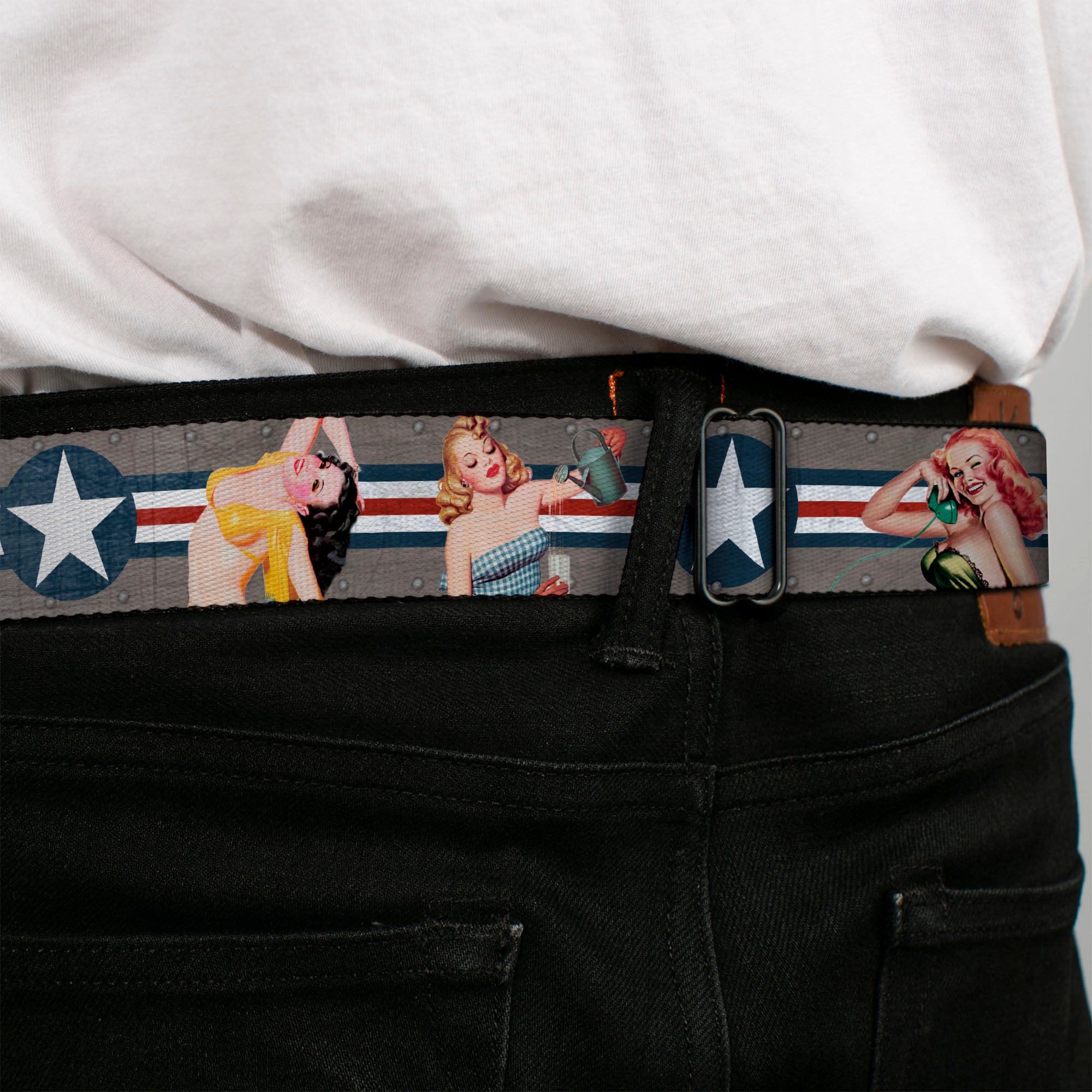 BD Wings Logo CLOSE-UP Full Color Black Silver Seatbelt Belt - Pin Up Girl Poses CLOSE-UP Star & Stripes Gray/Blue/White/Red Webbing Seatbelt Belts Buckle-Down