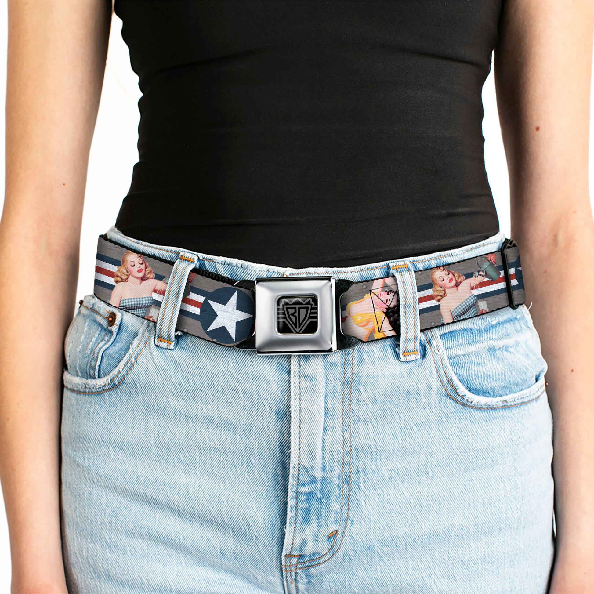 BD Wings Logo CLOSE-UP Full Color Black Silver Seatbelt Belt - Pin Up Girl Poses CLOSE-UP Star & Stripes Gray/Blue/White/Red Webbing Seatbelt Belts Buckle-Down