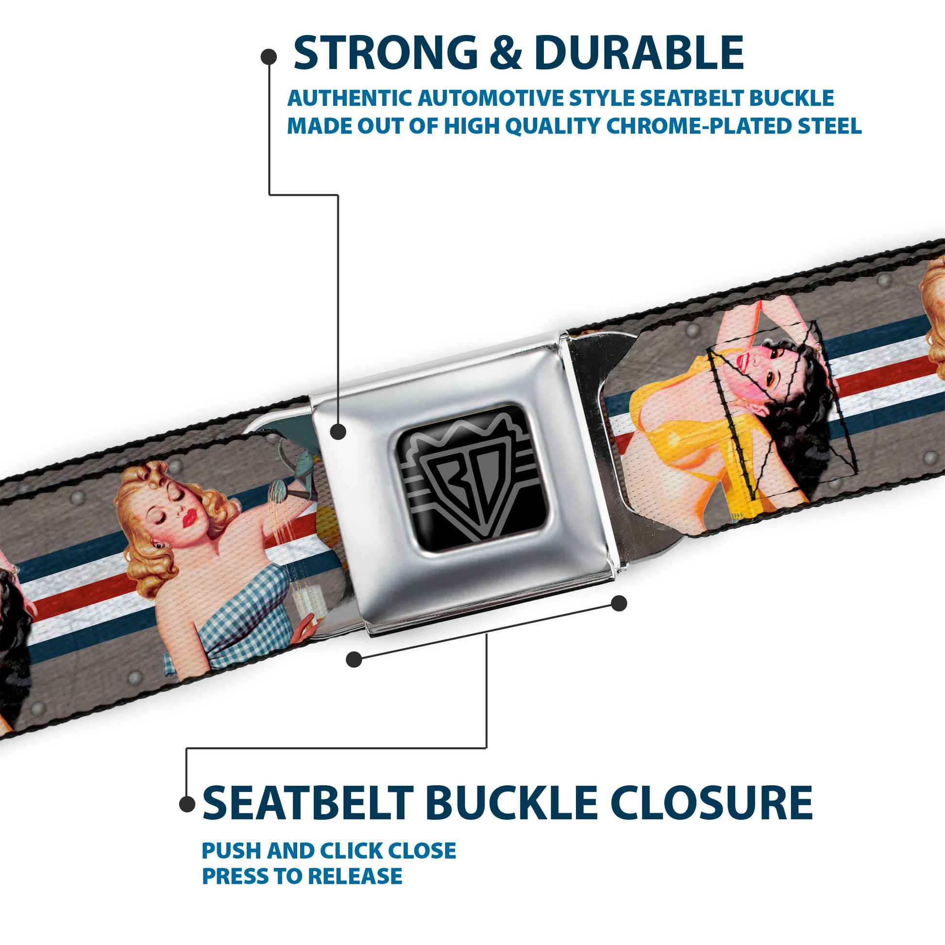 BD Wings Logo CLOSE-UP Full Color Black Silver Seatbelt Belt - Pin Up Girl Poses CLOSE-UP Star & Stripes Gray/Blue/White/Red Webbing Seatbelt Belts Buckle-Down