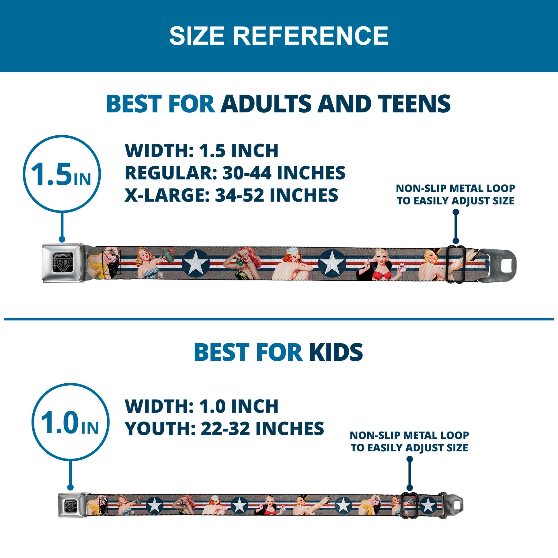 BD Wings Logo CLOSE-UP Full Color Black Silver Seatbelt Belt - Pin Up Girl Poses CLOSE-UP Star & Stripes Gray/Blue/White/Red Webbing Seatbelt Belts Buckle-Down