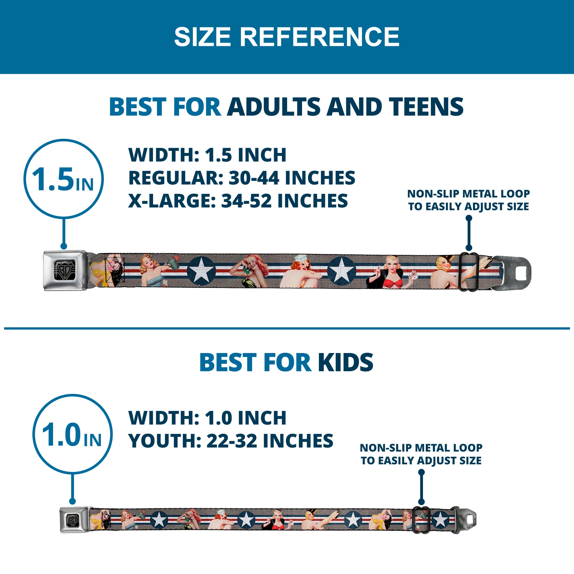 BD Wings Logo CLOSE-UP Full Color Black Silver Seatbelt Belt - Pin Up Girl Poses CLOSE-UP Star & Stripes Gray/Blue/White/Red Webbing Seatbelt Belts Buckle-Down