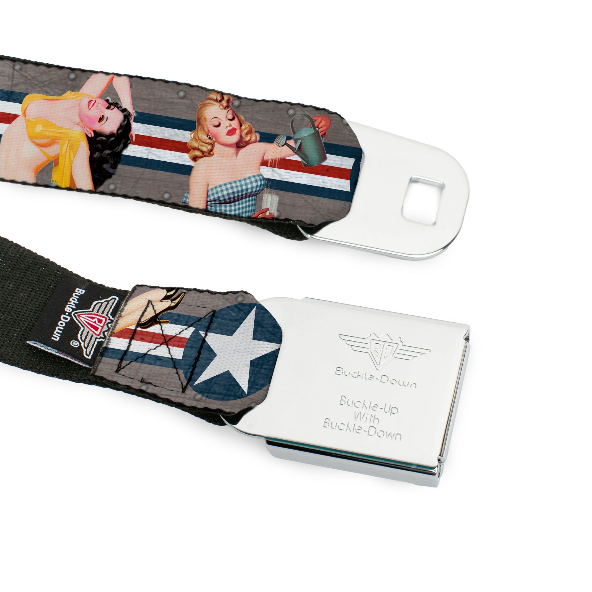 BD Wings Logo CLOSE-UP Full Color Black Silver Seatbelt Belt - Pin Up Girl Poses CLOSE-UP Star & Stripes Gray/Blue/White/Red Webbing Seatbelt Belts Buckle-Down