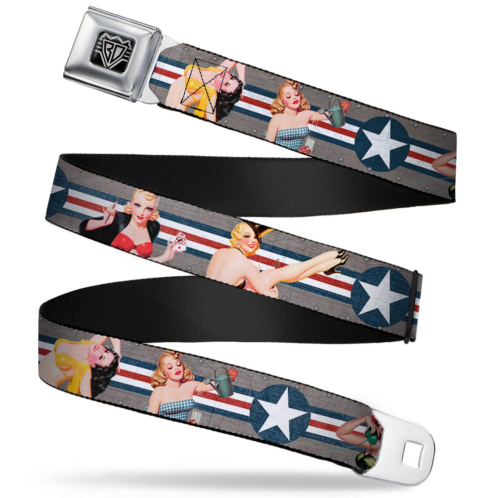 BD Wings Logo CLOSE-UP Full Color Black Silver Seatbelt Belt - Pin Up Girl Poses CLOSE-UP Star & Stripes Gray/Blue/White/Red Webbing Seatbelt Belts Buckle-Down
