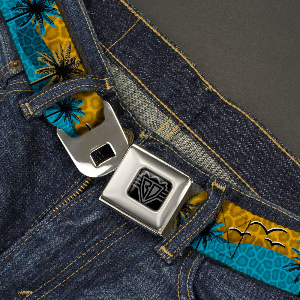 BD Wings Logo CLOSE-UP Black/Silver Seatbelt Belt - Palm Trees & Gulls Leopard Brown/Blue Webbing Seatbelt Belts Buckle-Down