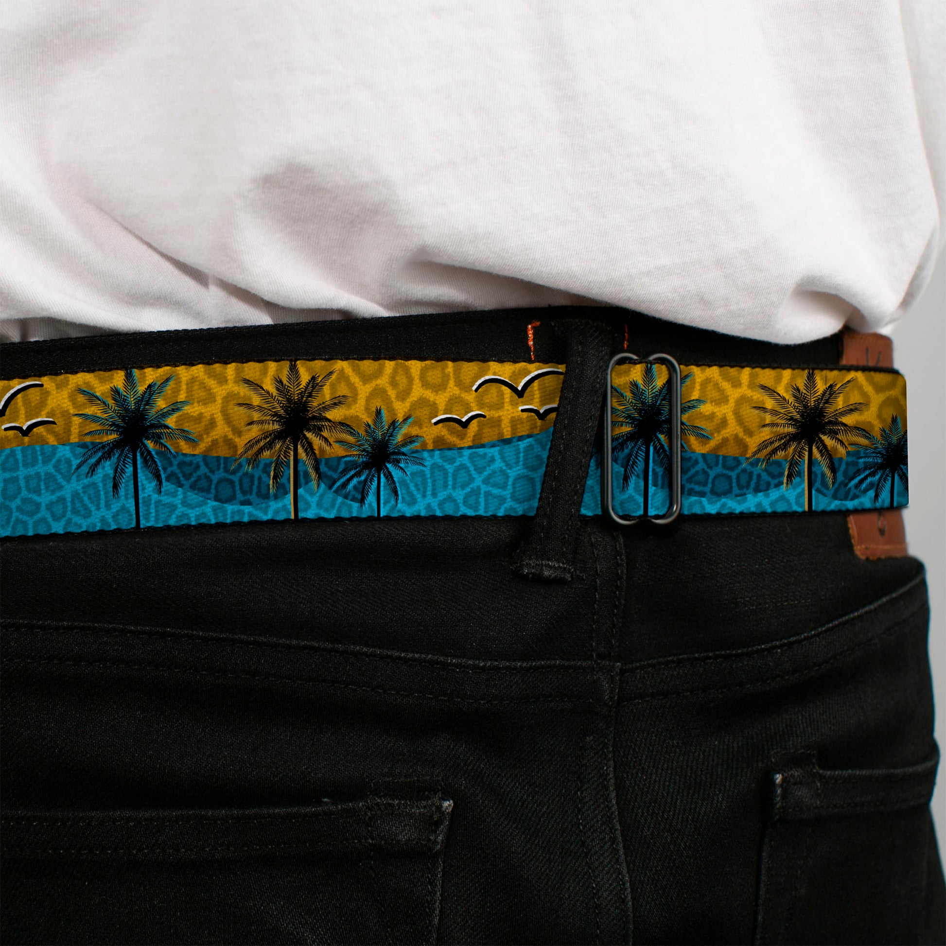 BD Wings Logo CLOSE-UP Black/Silver Seatbelt Belt - Palm Trees & Gulls Leopard Brown/Blue Webbing Seatbelt Belts Buckle-Down