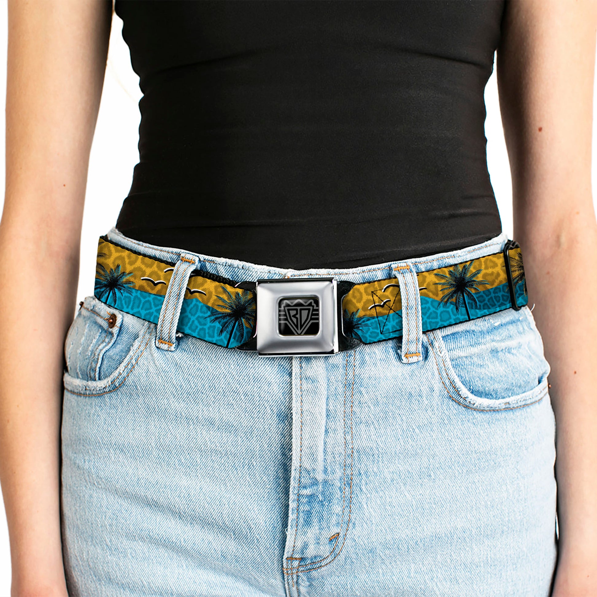 BD Wings Logo CLOSE-UP Black/Silver Seatbelt Belt - Palm Trees & Gulls Leopard Brown/Blue Webbing Seatbelt Belts Buckle-Down