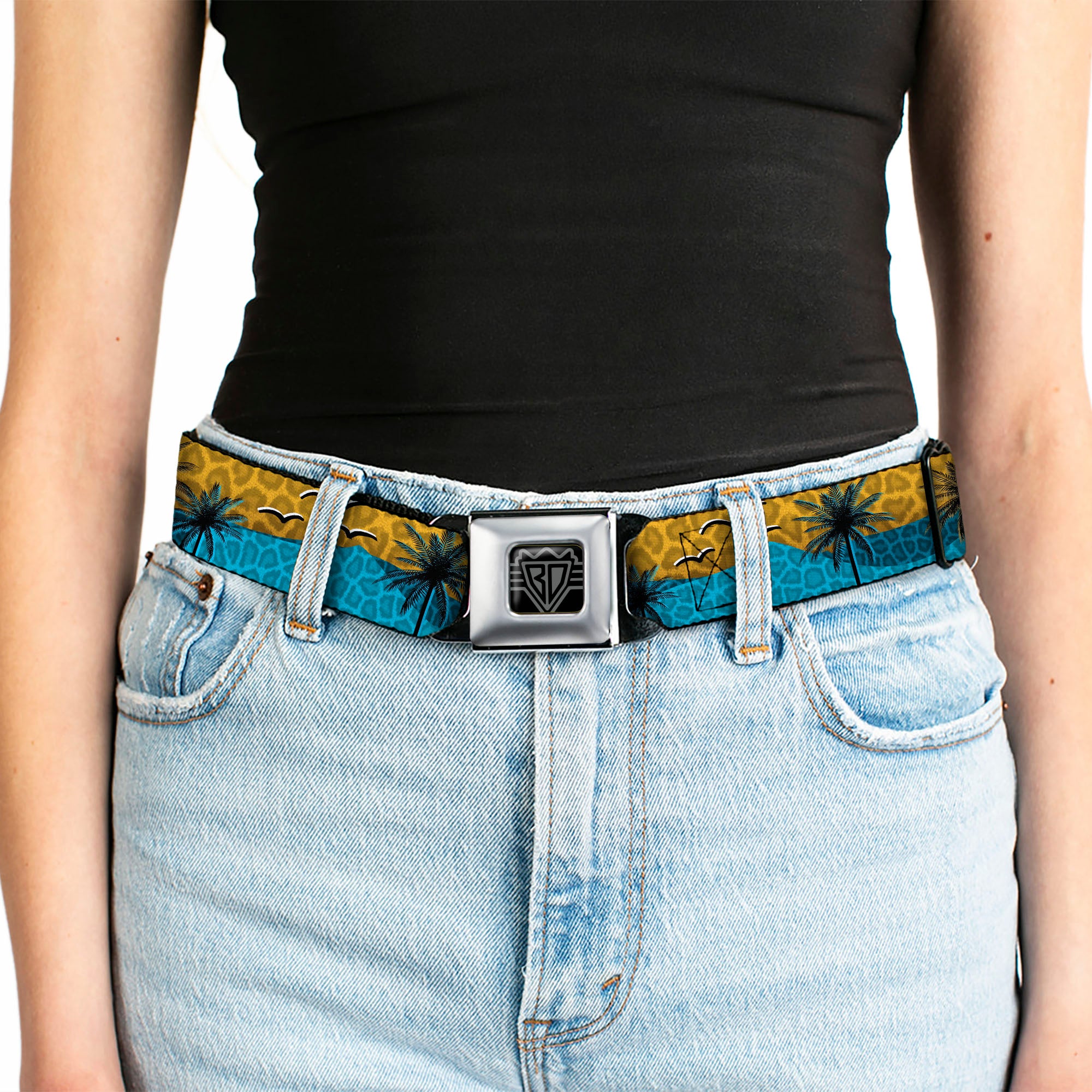 BD Wings Logo CLOSE-UP Black/Silver Seatbelt Belt - Palm Trees & Gulls Leopard Brown/Blue Webbing Seatbelt Belts Buckle-Down