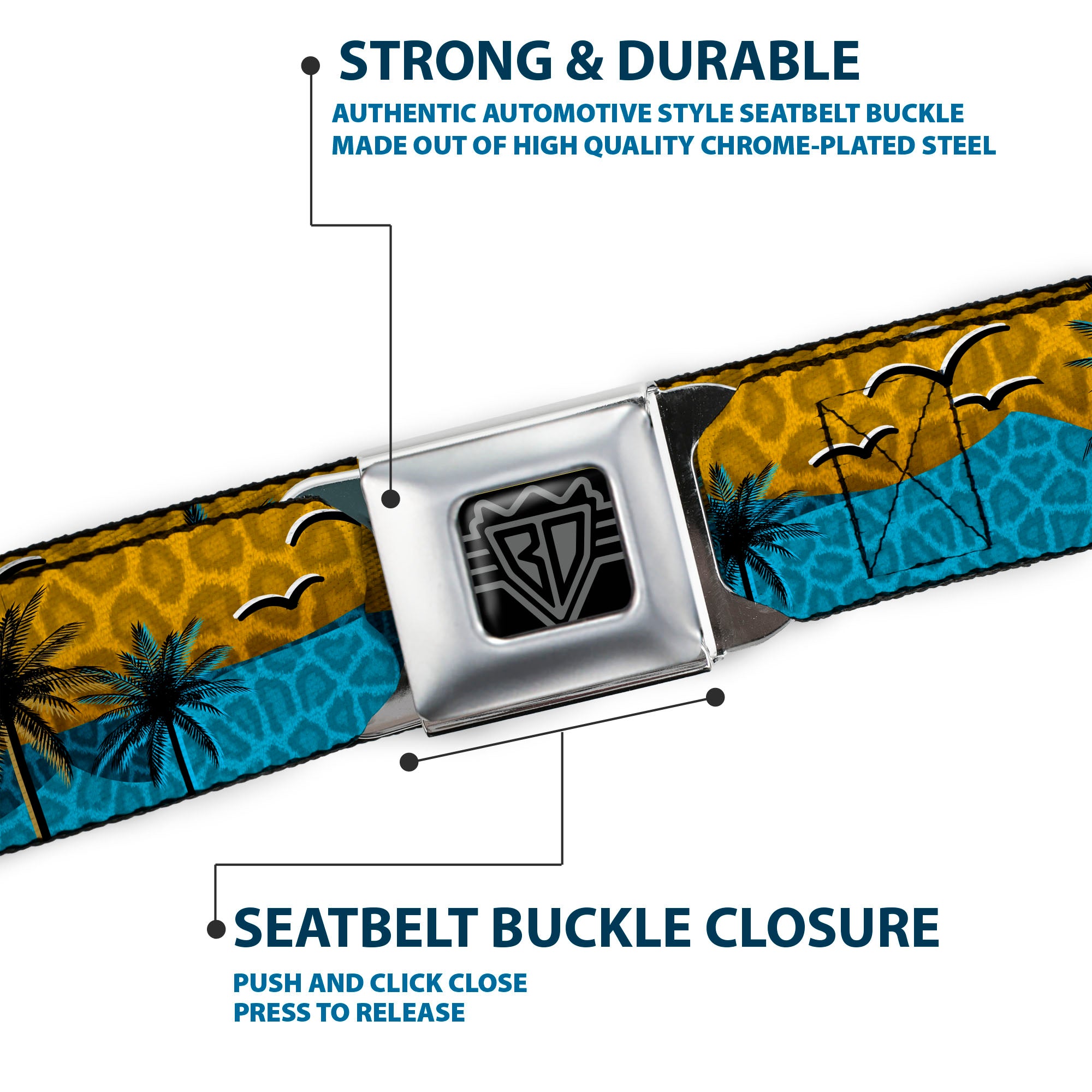 BD Wings Logo CLOSE-UP Black/Silver Seatbelt Belt - Palm Trees & Gulls Leopard Brown/Blue Webbing Seatbelt Belts Buckle-Down
