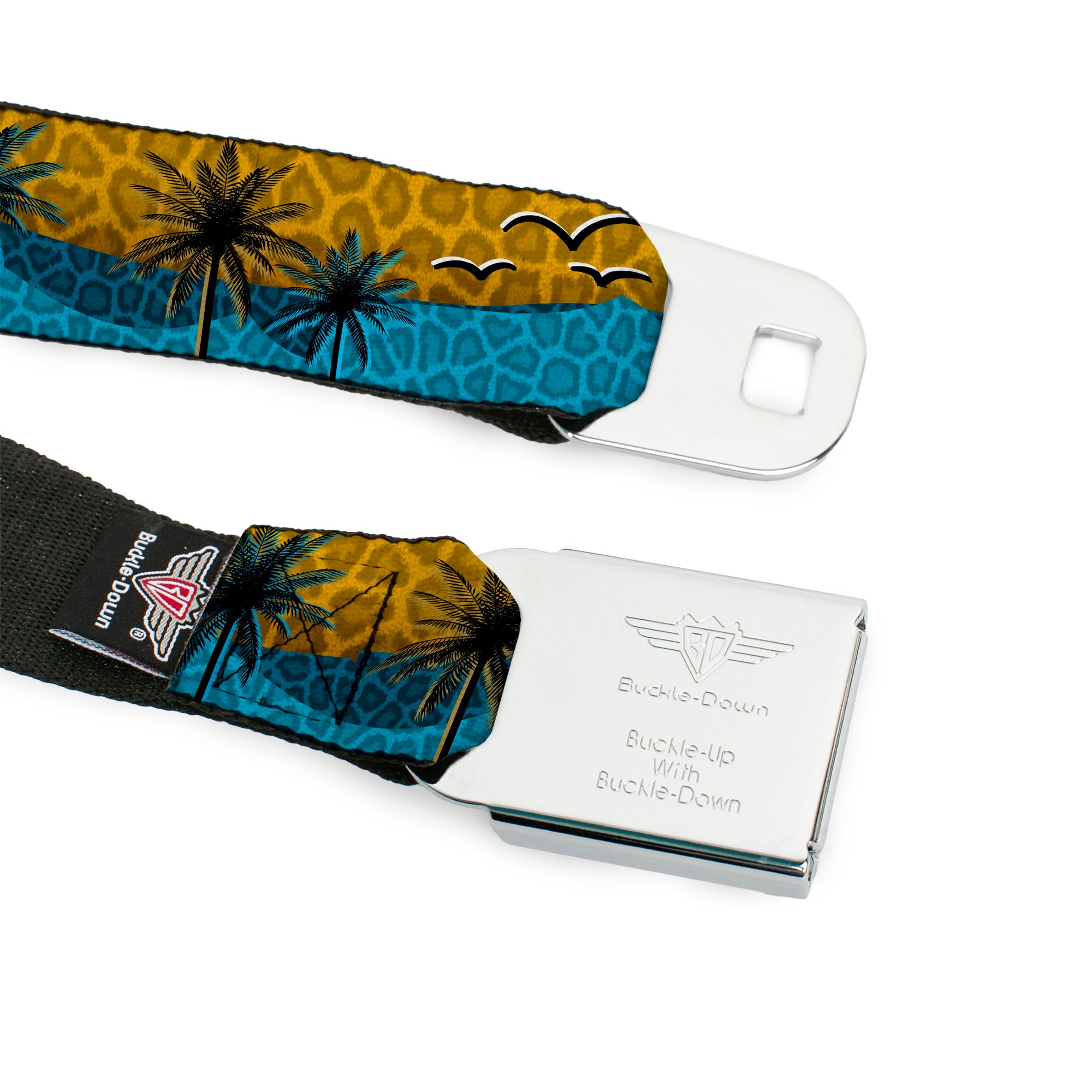 BD Wings Logo CLOSE-UP Black/Silver Seatbelt Belt - Palm Trees & Gulls Leopard Brown/Blue Webbing Seatbelt Belts Buckle-Down
