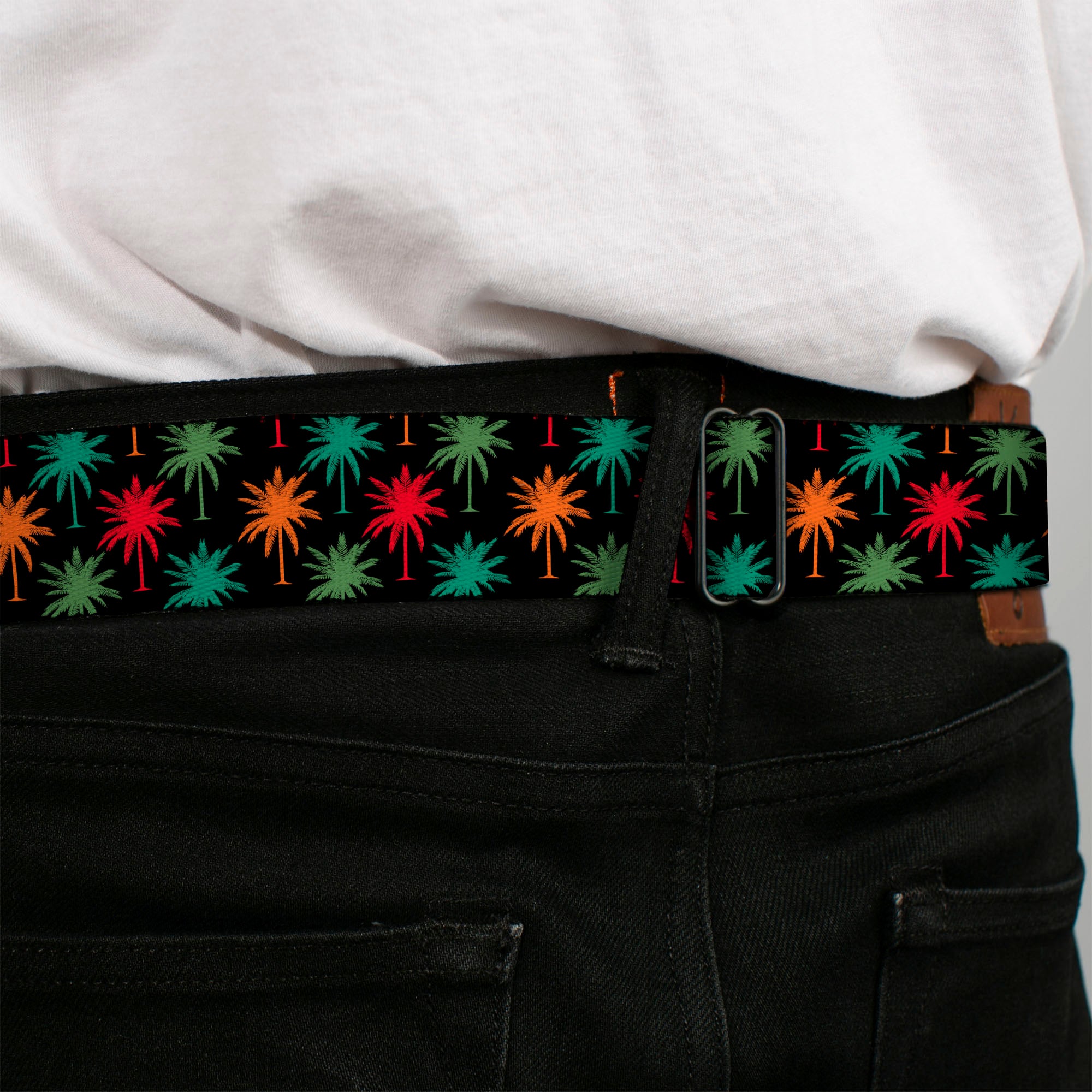 BD Wings Logo CLOSE-UP Black/Silver Seatbelt Belt - Palm Trees Black/Multi Color Webbing Seatbelt Belts Buckle-Down
