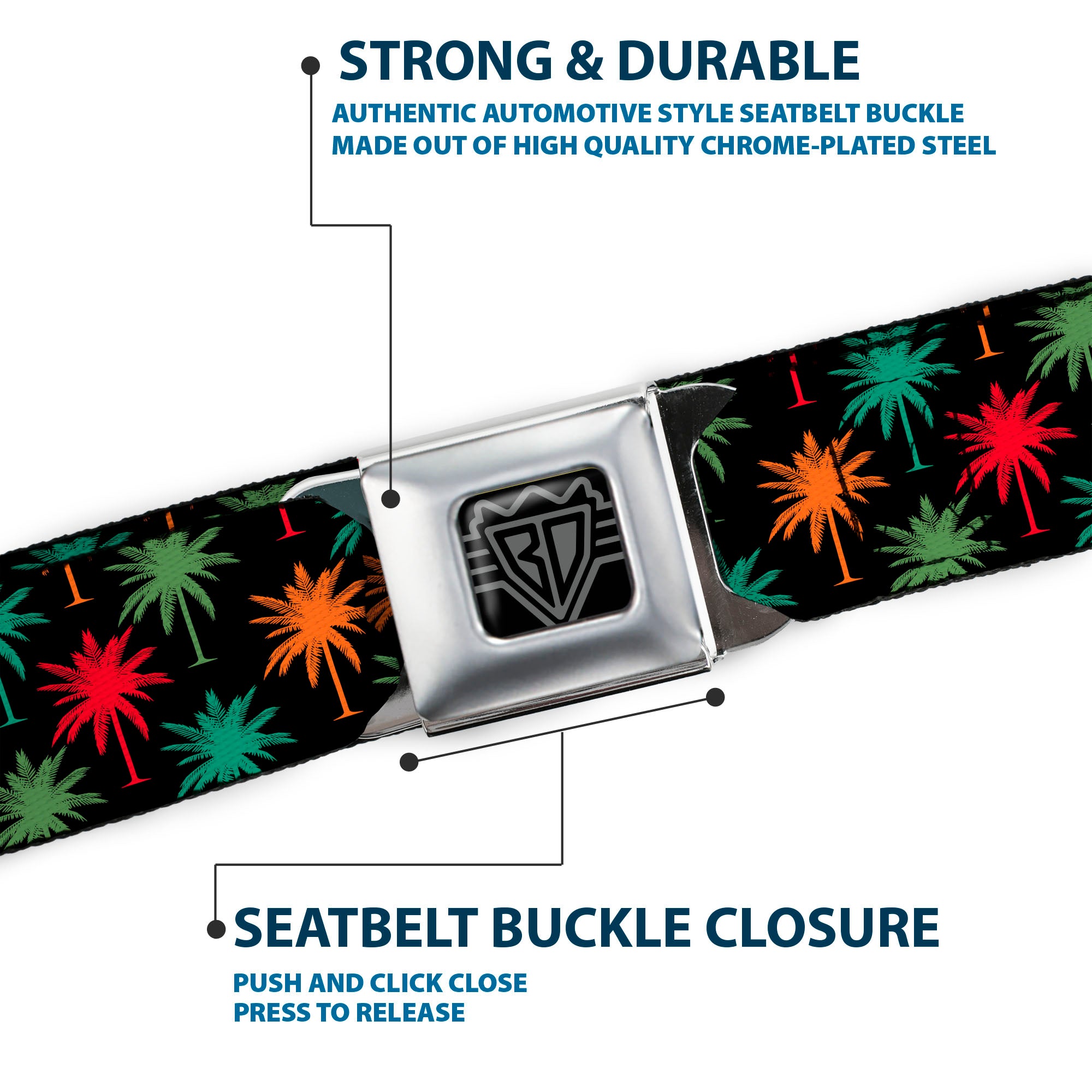 BD Wings Logo CLOSE-UP Black/Silver Seatbelt Belt - Palm Trees Black/Multi Color Webbing Seatbelt Belts Buckle-Down