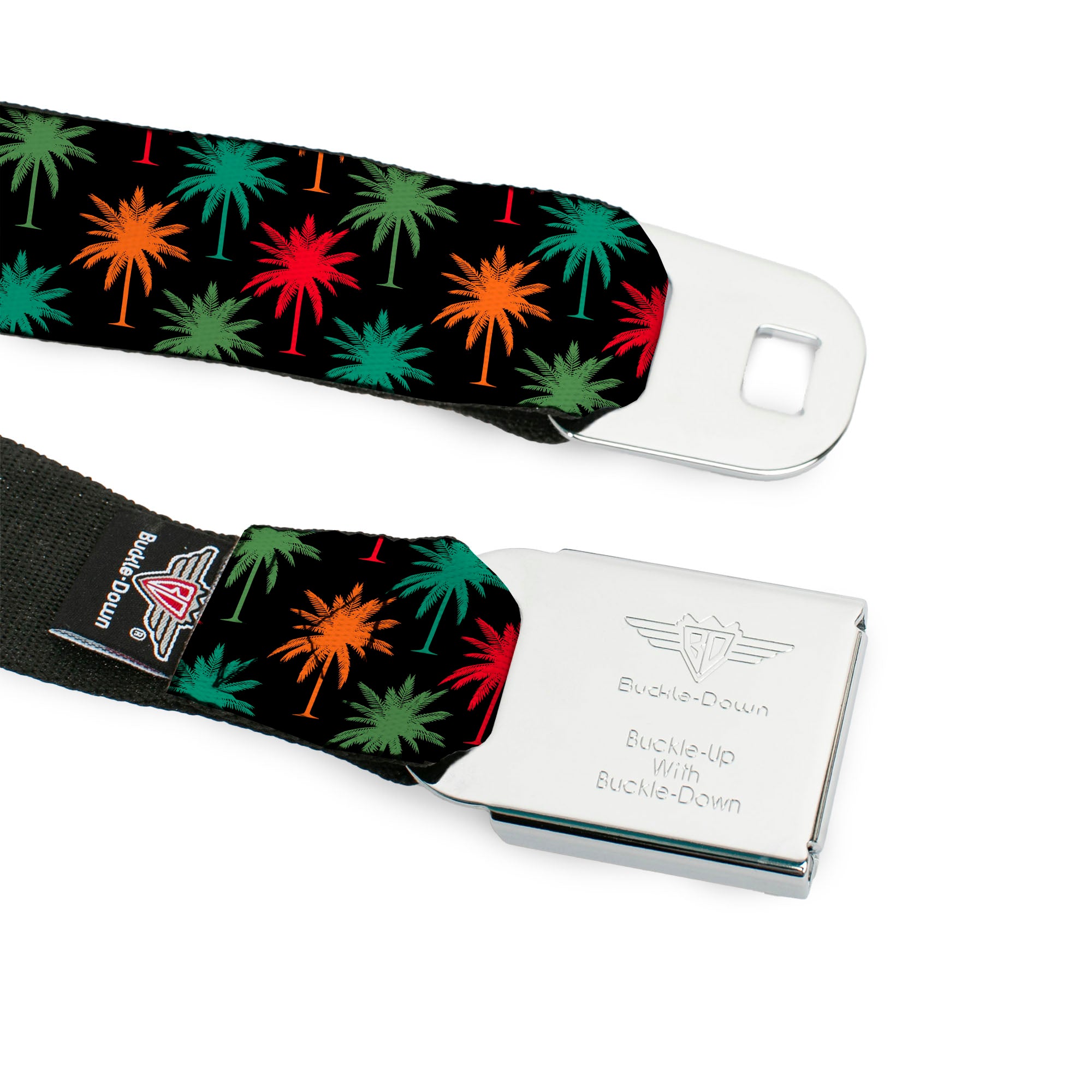 BD Wings Logo CLOSE-UP Black/Silver Seatbelt Belt - Palm Trees Black/Multi Color Webbing Seatbelt Belts Buckle-Down