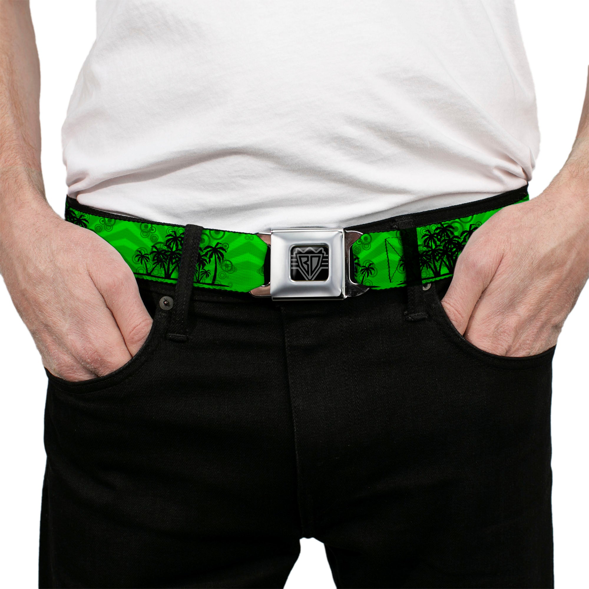BD Wings Logo CLOSE-UP Full Color Black Silver Seatbelt Belt - Palm Trees Greens/Black Webbing Seatbelt Belts Buckle-Down