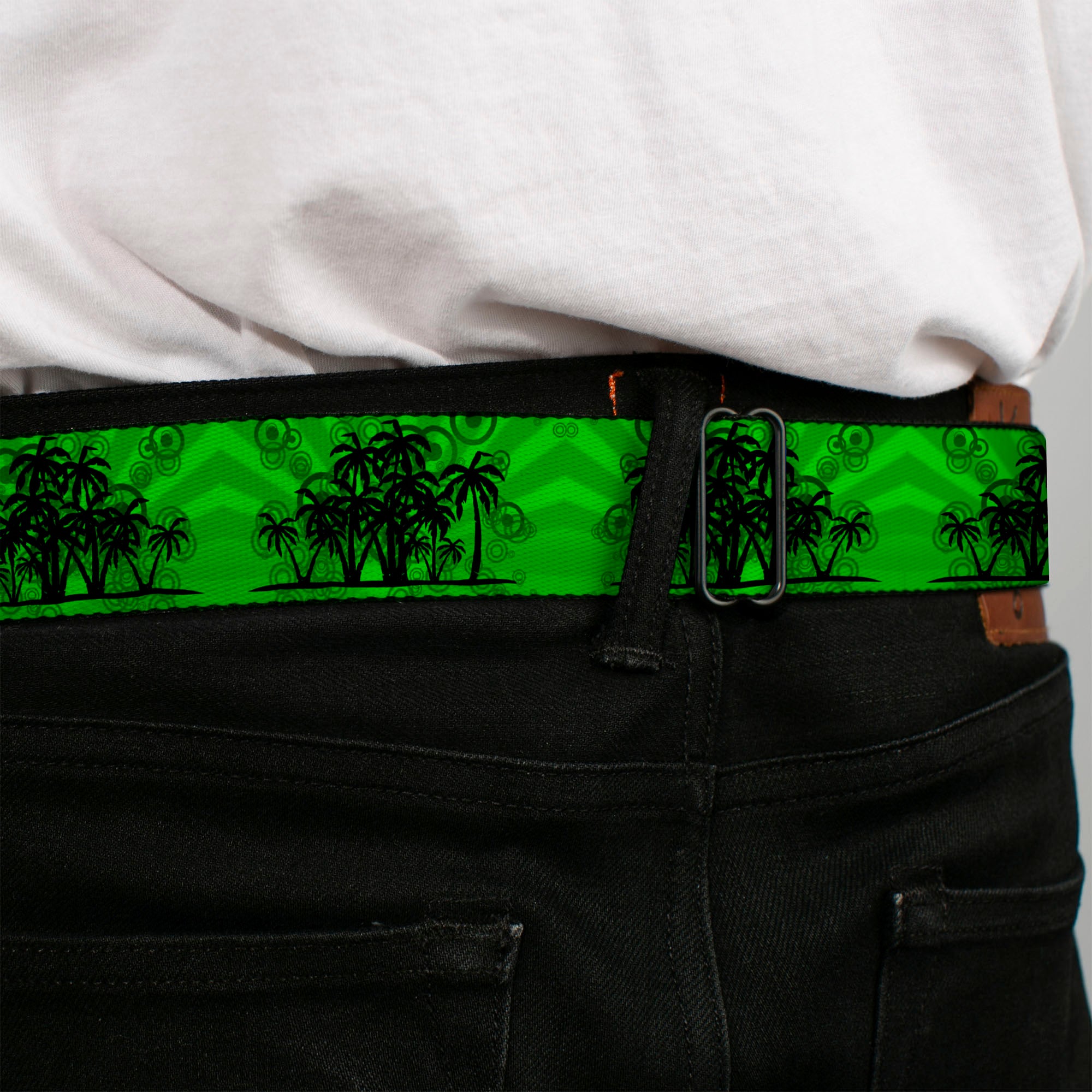 BD Wings Logo CLOSE-UP Full Color Black Silver Seatbelt Belt - Palm Trees Greens/Black Webbing Seatbelt Belts Buckle-Down