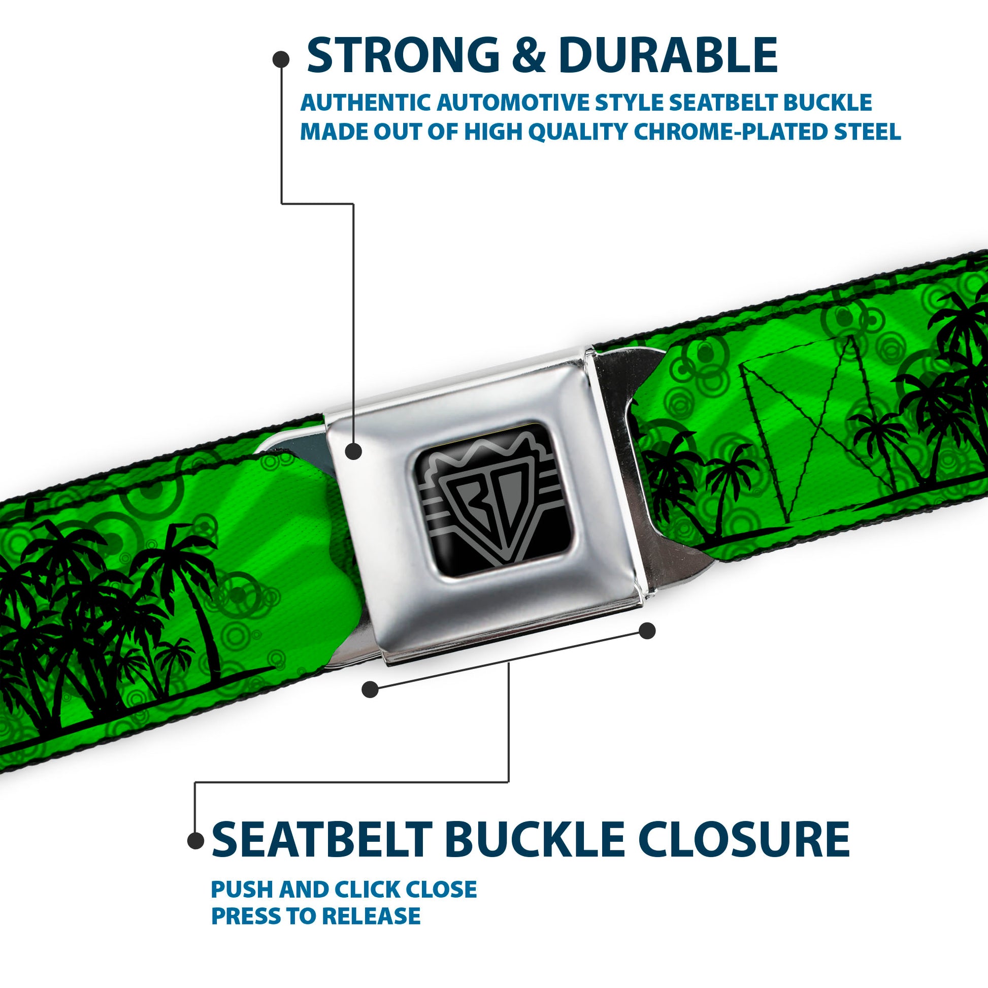BD Wings Logo CLOSE-UP Full Color Black Silver Seatbelt Belt - Palm Trees Greens/Black Webbing Seatbelt Belts Buckle-Down