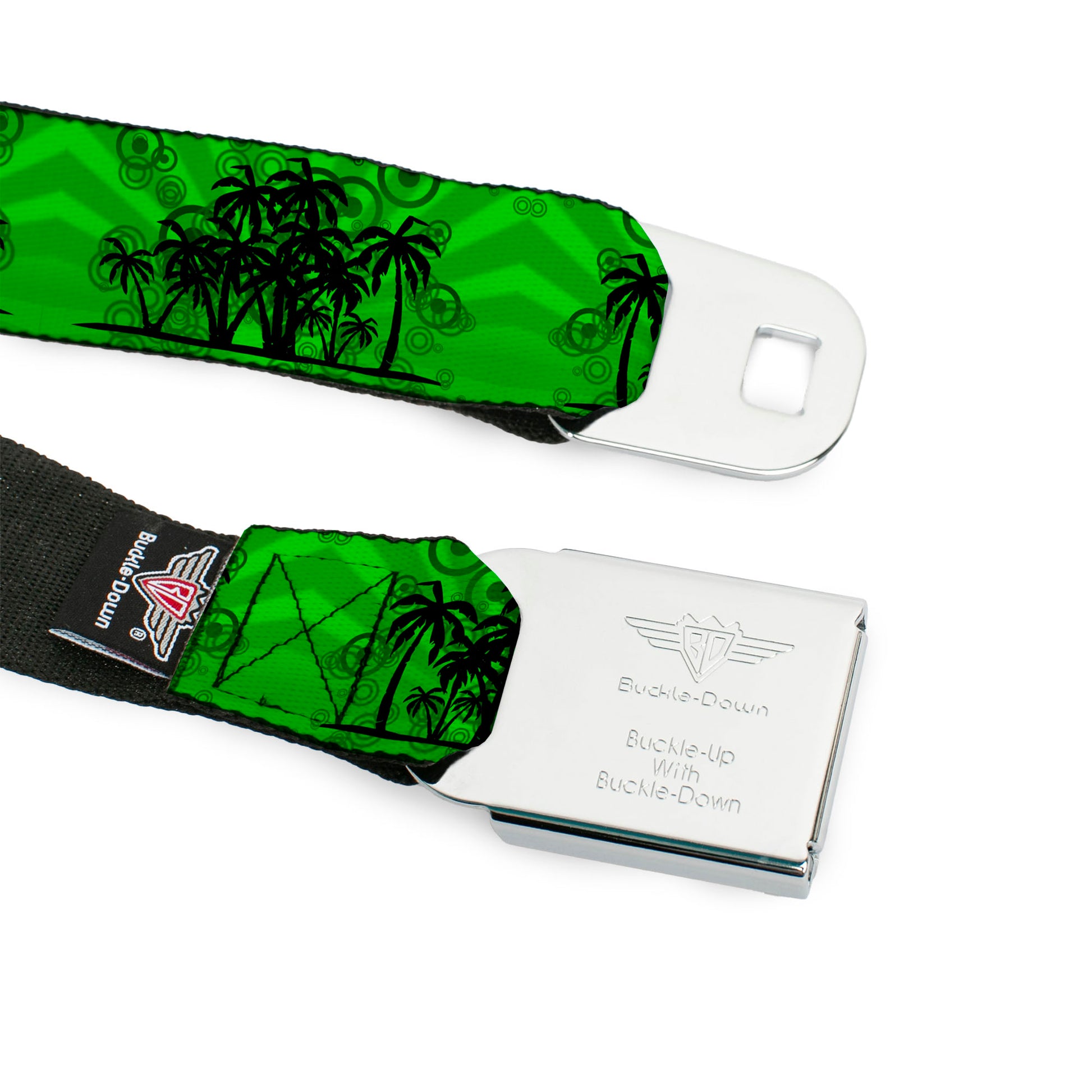 BD Wings Logo CLOSE-UP Full Color Black Silver Seatbelt Belt - Palm Trees Greens/Black Webbing Seatbelt Belts Buckle-Down