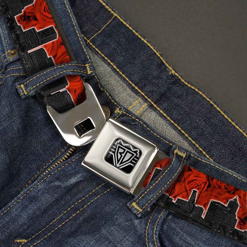 BD Wings Logo CLOSE-UP Full Color Black Silver Seatbelt Belt - Portland Vivid Skyline Red Roses/Black Webbing Seatbelt Belts Buckle-Down