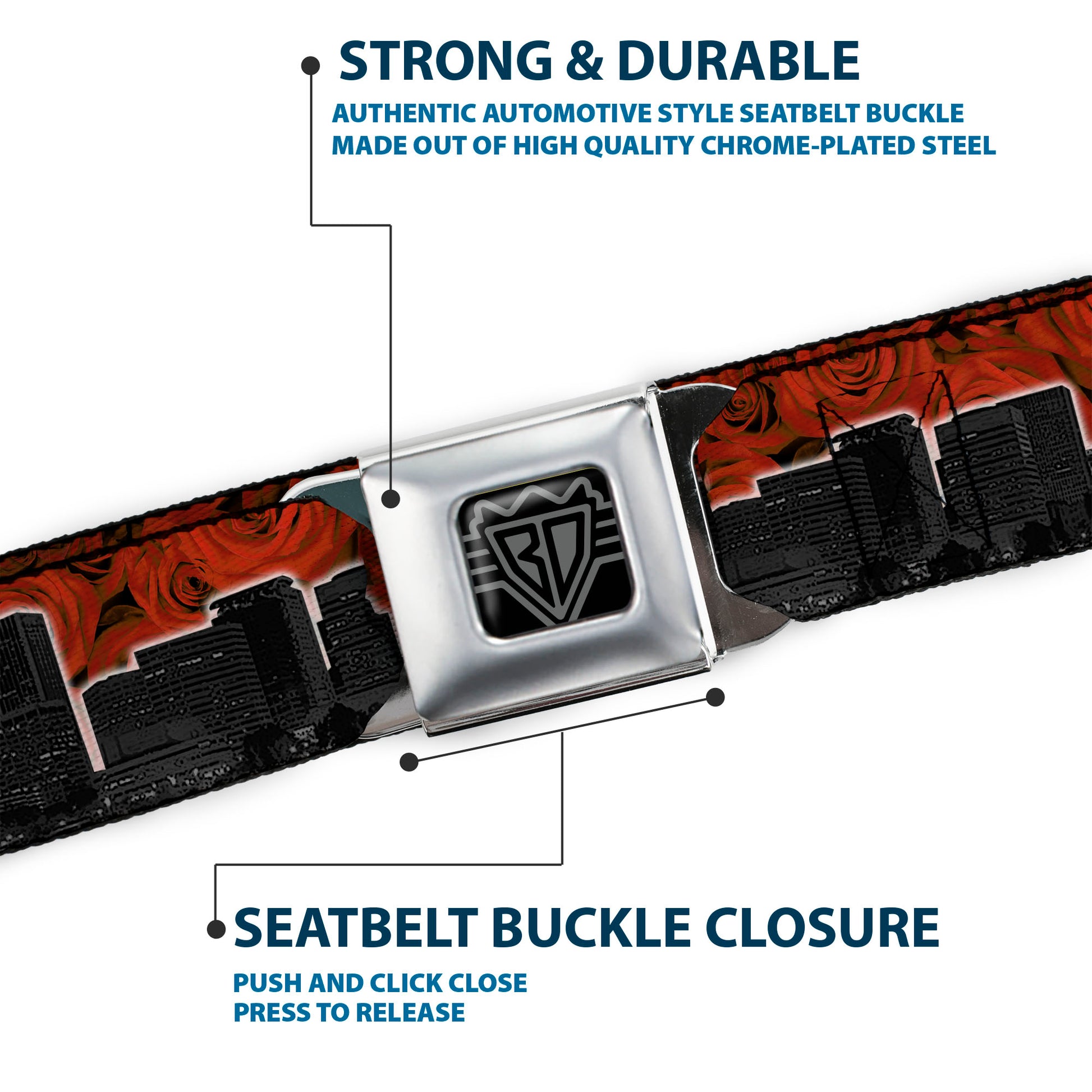 BD Wings Logo CLOSE-UP Full Color Black Silver Seatbelt Belt - Portland Vivid Skyline Red Roses/Black Webbing Seatbelt Belts Buckle-Down