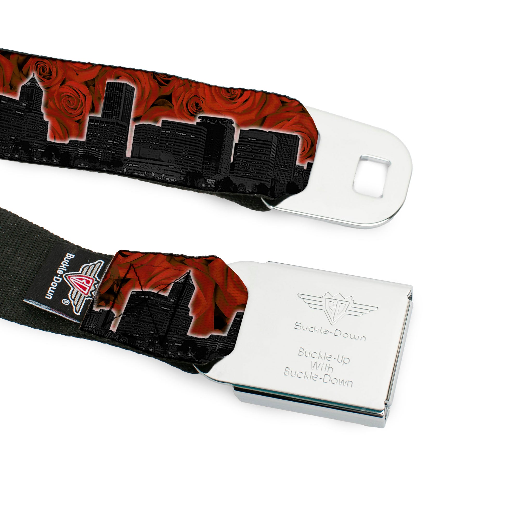 BD Wings Logo CLOSE-UP Full Color Black Silver Seatbelt Belt - Portland Vivid Skyline Red Roses/Black Webbing Seatbelt Belts Buckle-Down
