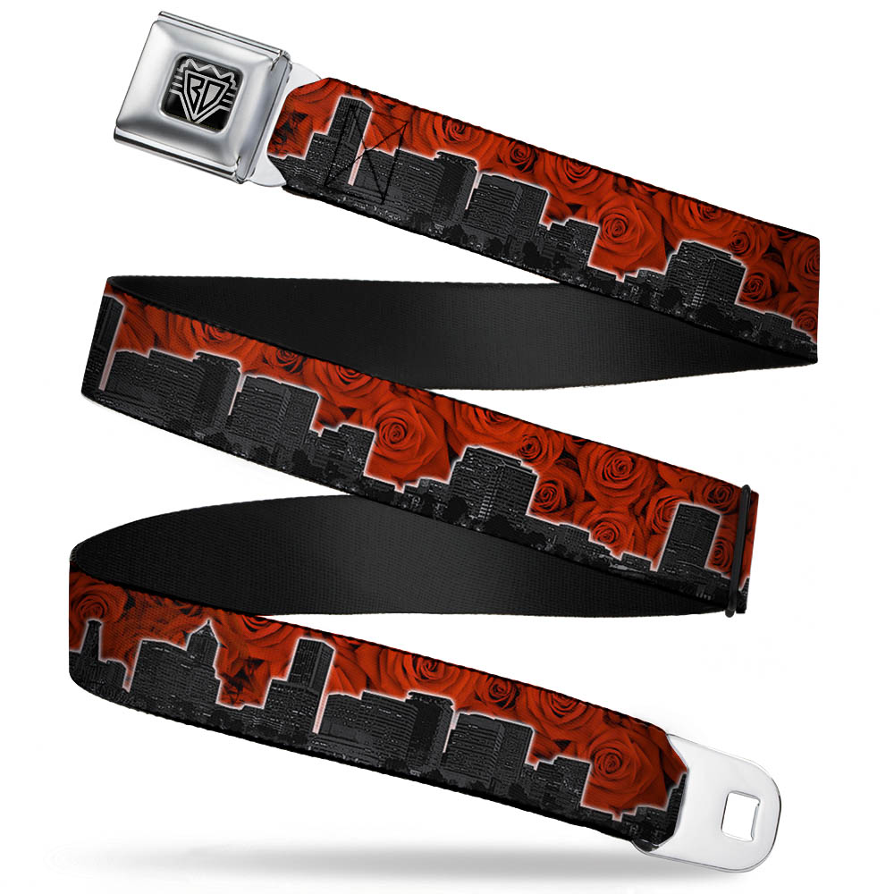 BD Wings Logo CLOSE-UP Full Color Black Silver Seatbelt Belt - Portland Vivid Skyline Red Roses/Black Webbing Seatbelt Belts Buckle-Down