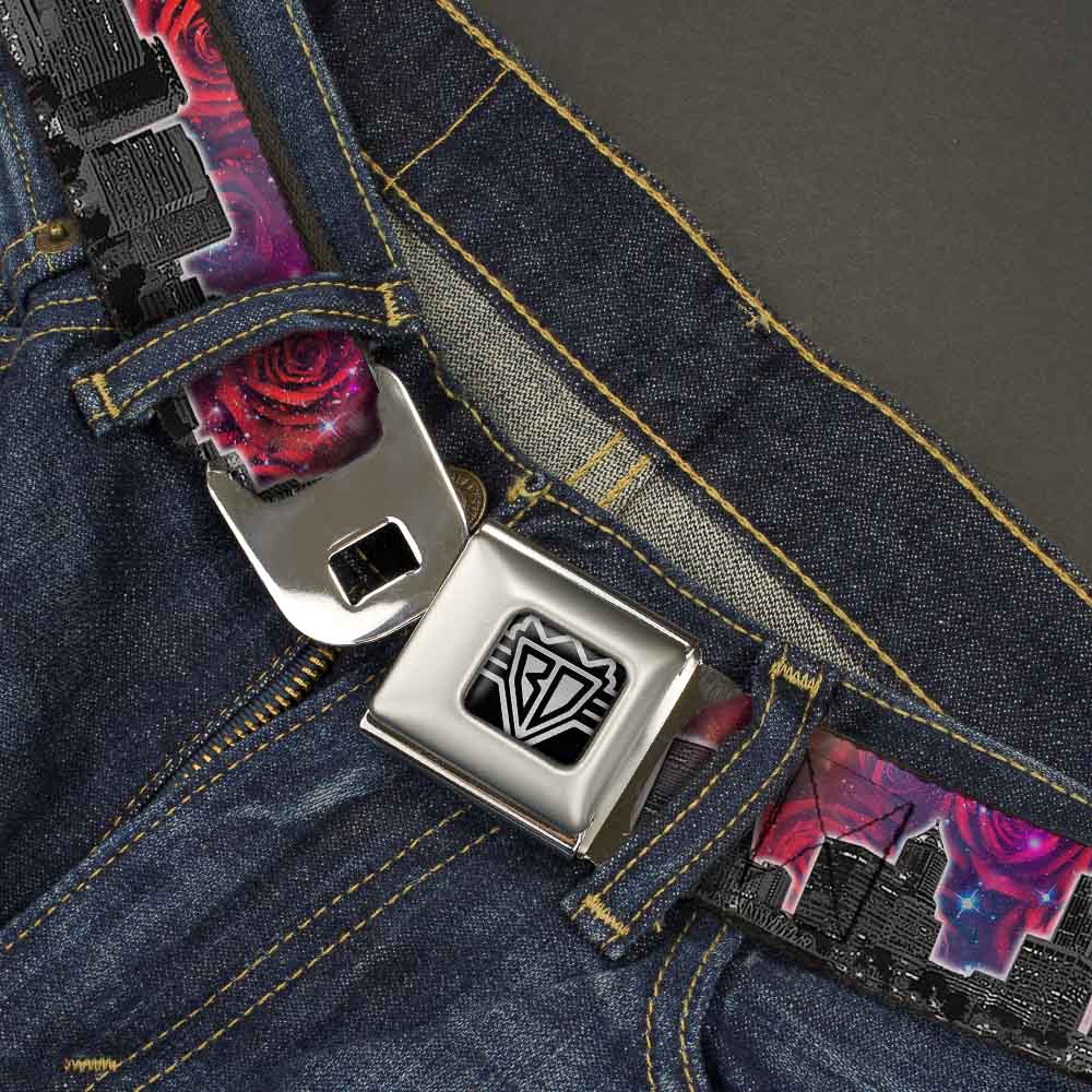 BD Wings Logo CLOSE-UP Full Color Black Silver Seatbelt Belt - Portland Vivid Skyline Cosmic Roses Webbing Seatbelt Belts Buckle-Down
