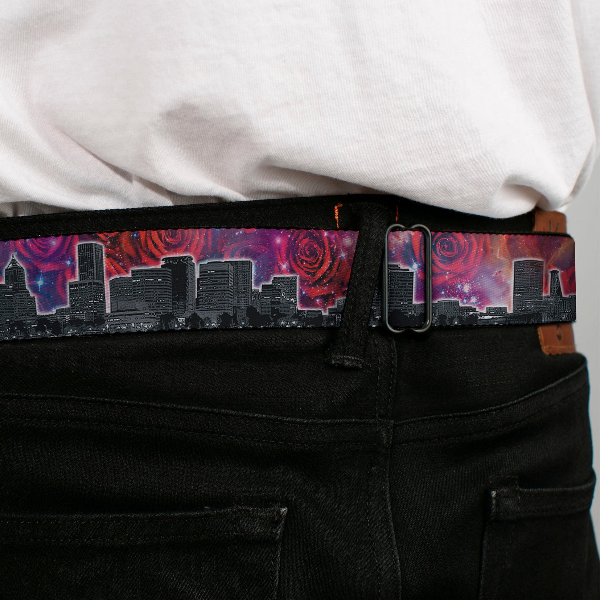 BD Wings Logo CLOSE-UP Full Color Black Silver Seatbelt Belt - Portland Vivid Skyline Cosmic Roses Webbing Seatbelt Belts Buckle-Down