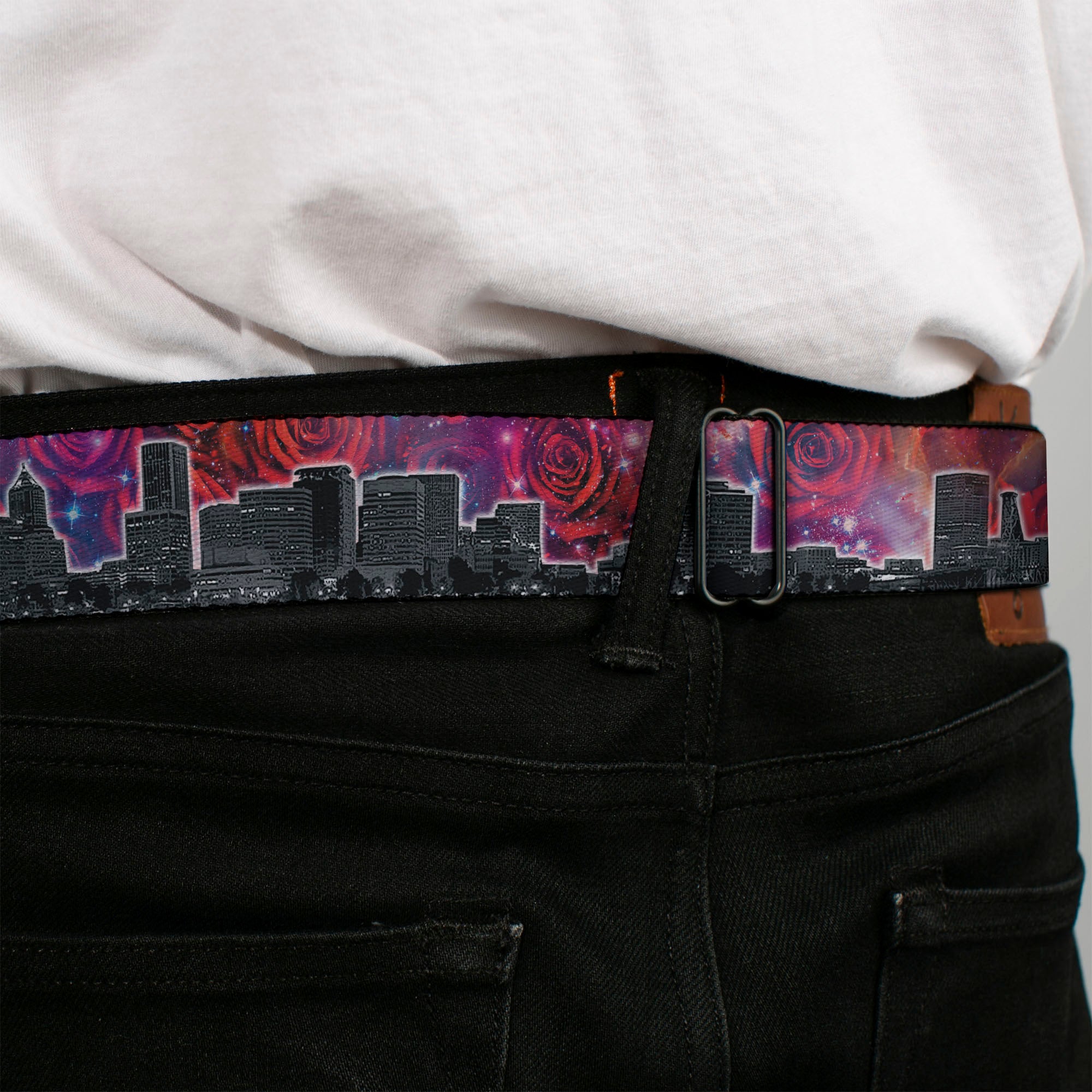 BD Wings Logo CLOSE-UP Full Color Black Silver Seatbelt Belt - Portland Vivid Skyline Cosmic Roses Webbing Seatbelt Belts Buckle-Down