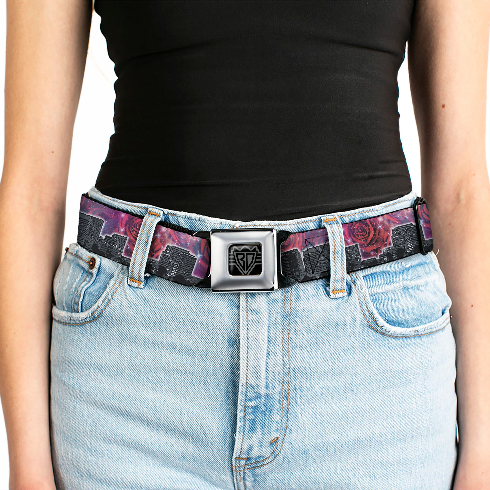 BD Wings Logo CLOSE-UP Full Color Black Silver Seatbelt Belt - Portland Vivid Skyline Cosmic Roses Webbing Seatbelt Belts Buckle-Down