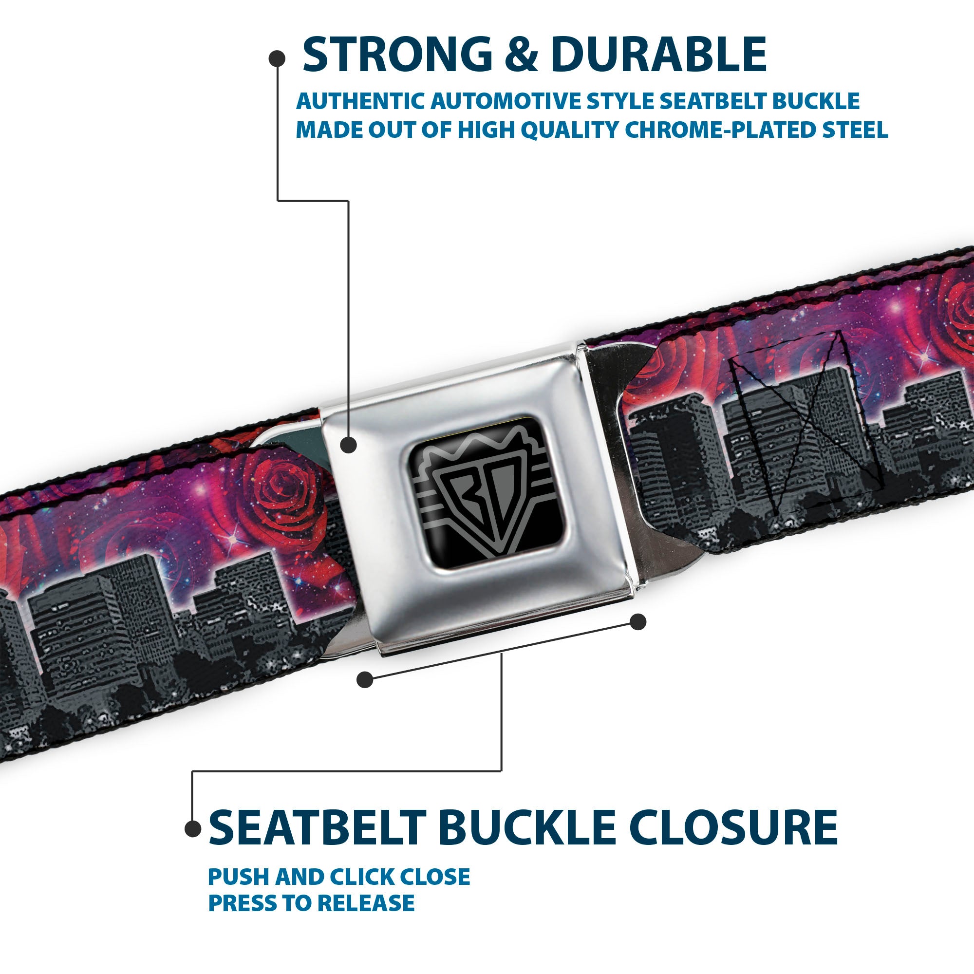 BD Wings Logo CLOSE-UP Full Color Black Silver Seatbelt Belt - Portland Vivid Skyline Cosmic Roses Webbing Seatbelt Belts Buckle-Down