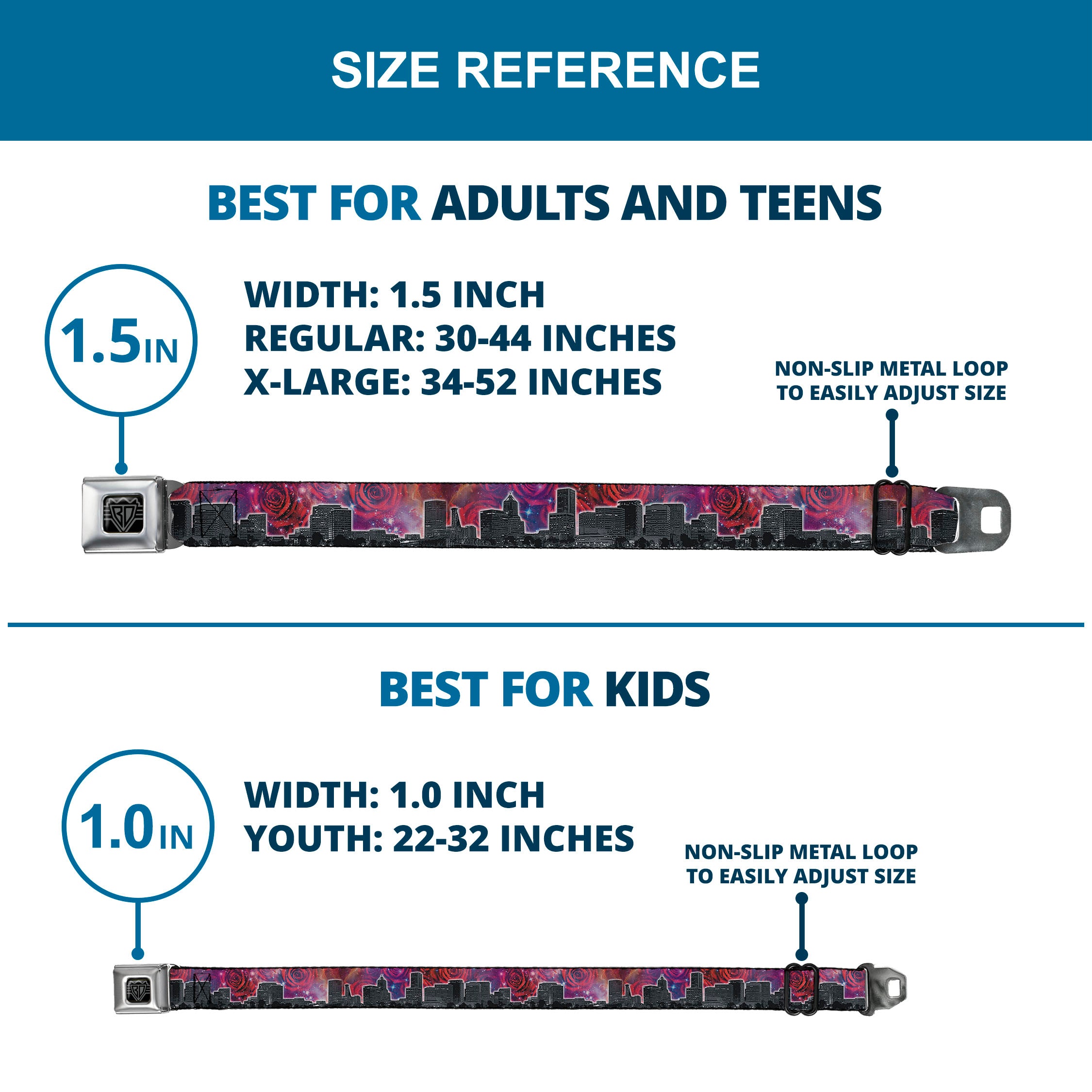 BD Wings Logo CLOSE-UP Full Color Black Silver Seatbelt Belt - Portland Vivid Skyline Cosmic Roses Webbing Seatbelt Belts Buckle-Down