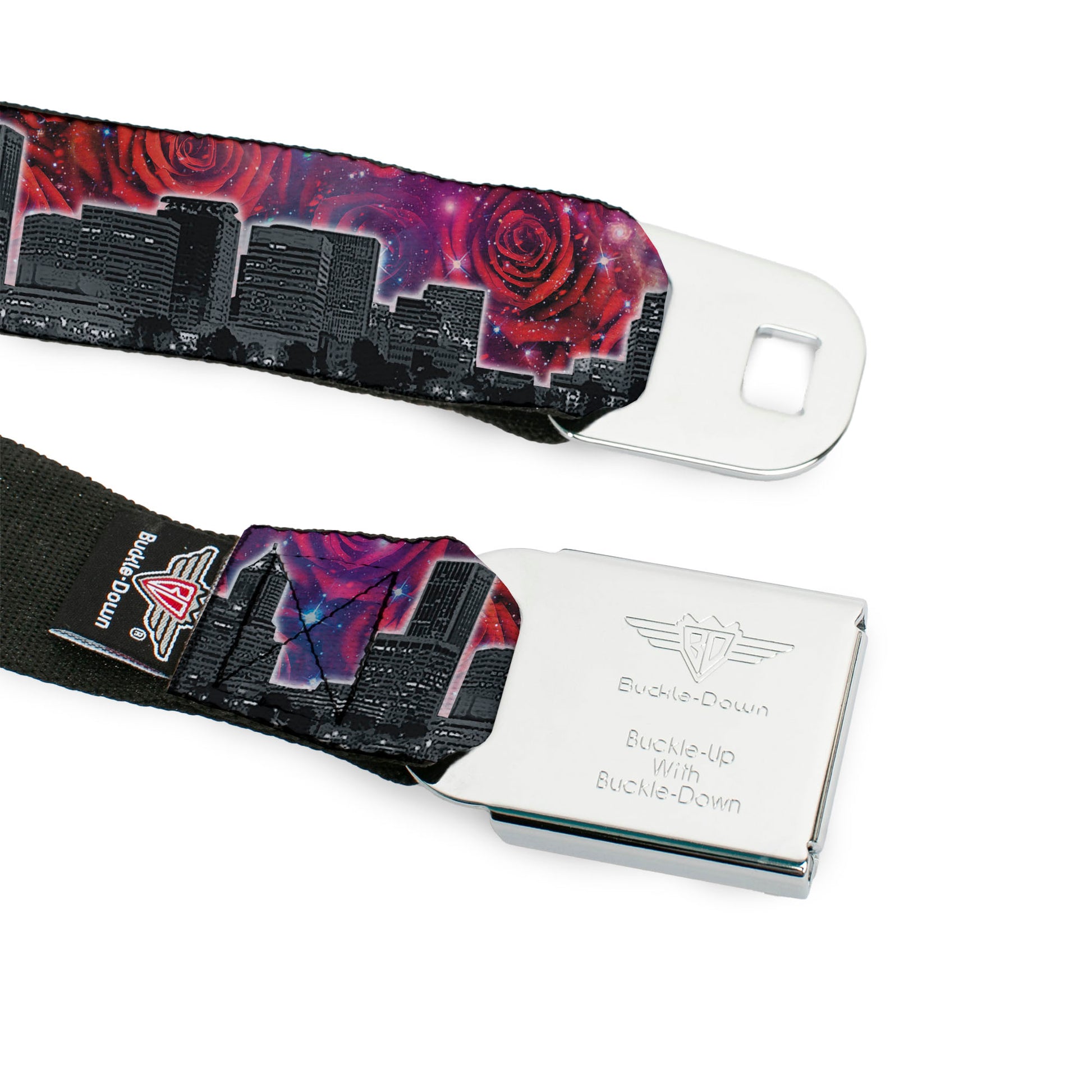 BD Wings Logo CLOSE-UP Full Color Black Silver Seatbelt Belt - Portland Vivid Skyline Cosmic Roses Webbing Seatbelt Belts Buckle-Down