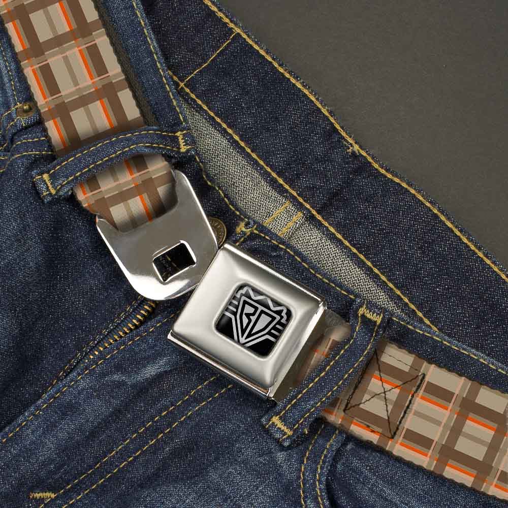 BD Wings Logo CLOSE-UP Full Color Black Silver Seatbelt Belt - Plaid Tan Shades/Orange Webbing Seatbelt Belts Buckle-Down