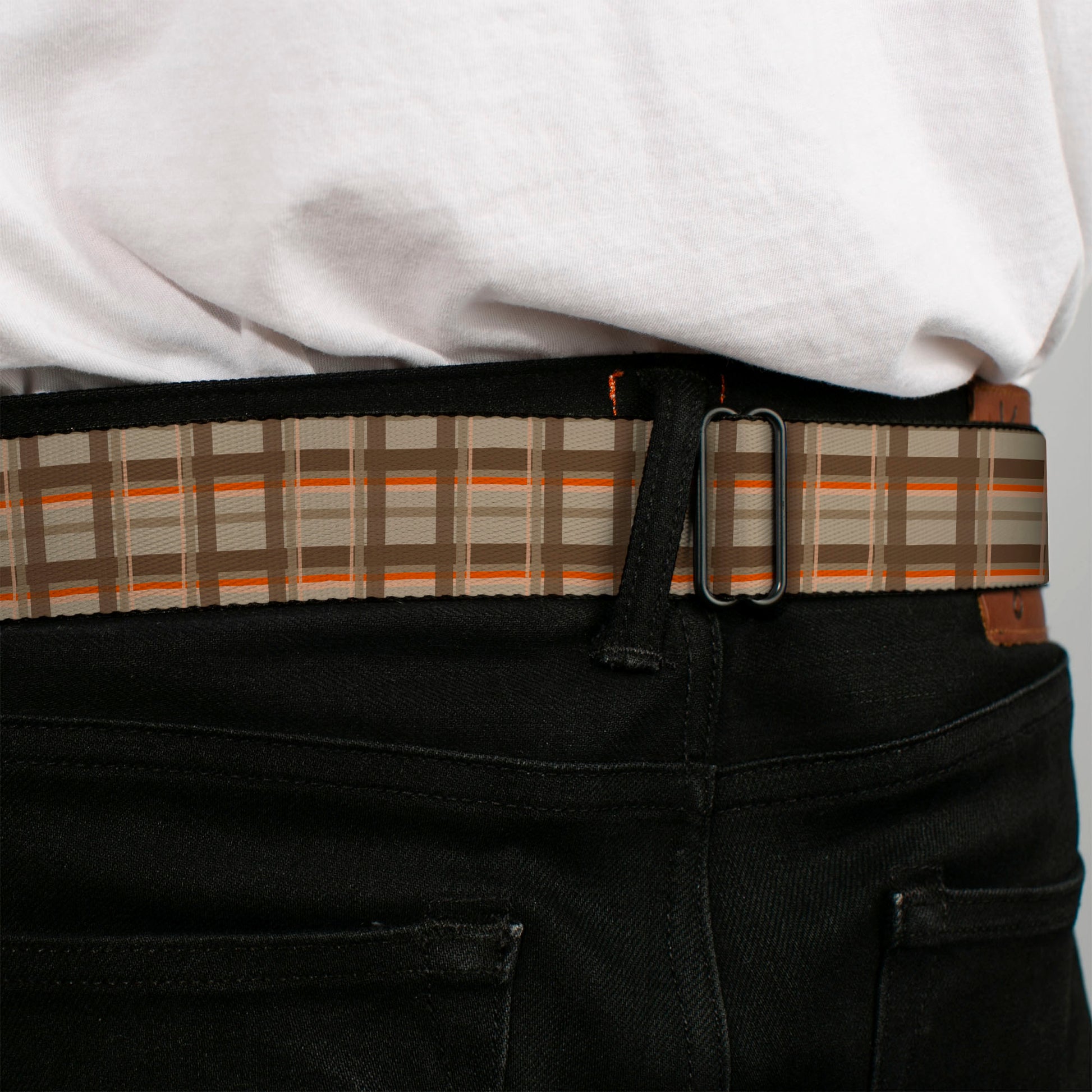 BD Wings Logo CLOSE-UP Full Color Black Silver Seatbelt Belt - Plaid Tan Shades/Orange Webbing Seatbelt Belts Buckle-Down