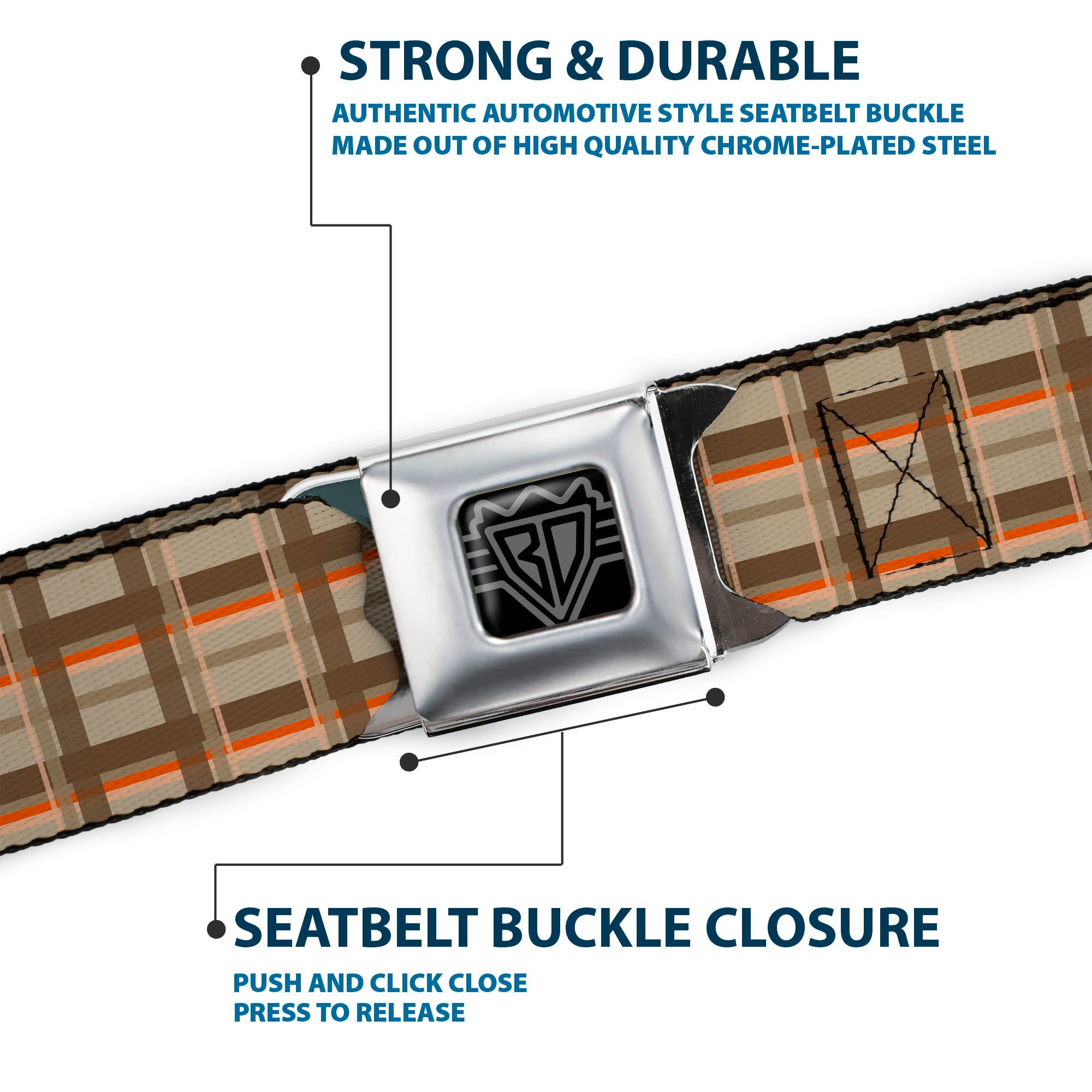 BD Wings Logo CLOSE-UP Full Color Black Silver Seatbelt Belt - Plaid Tan Shades/Orange Webbing Seatbelt Belts Buckle-Down