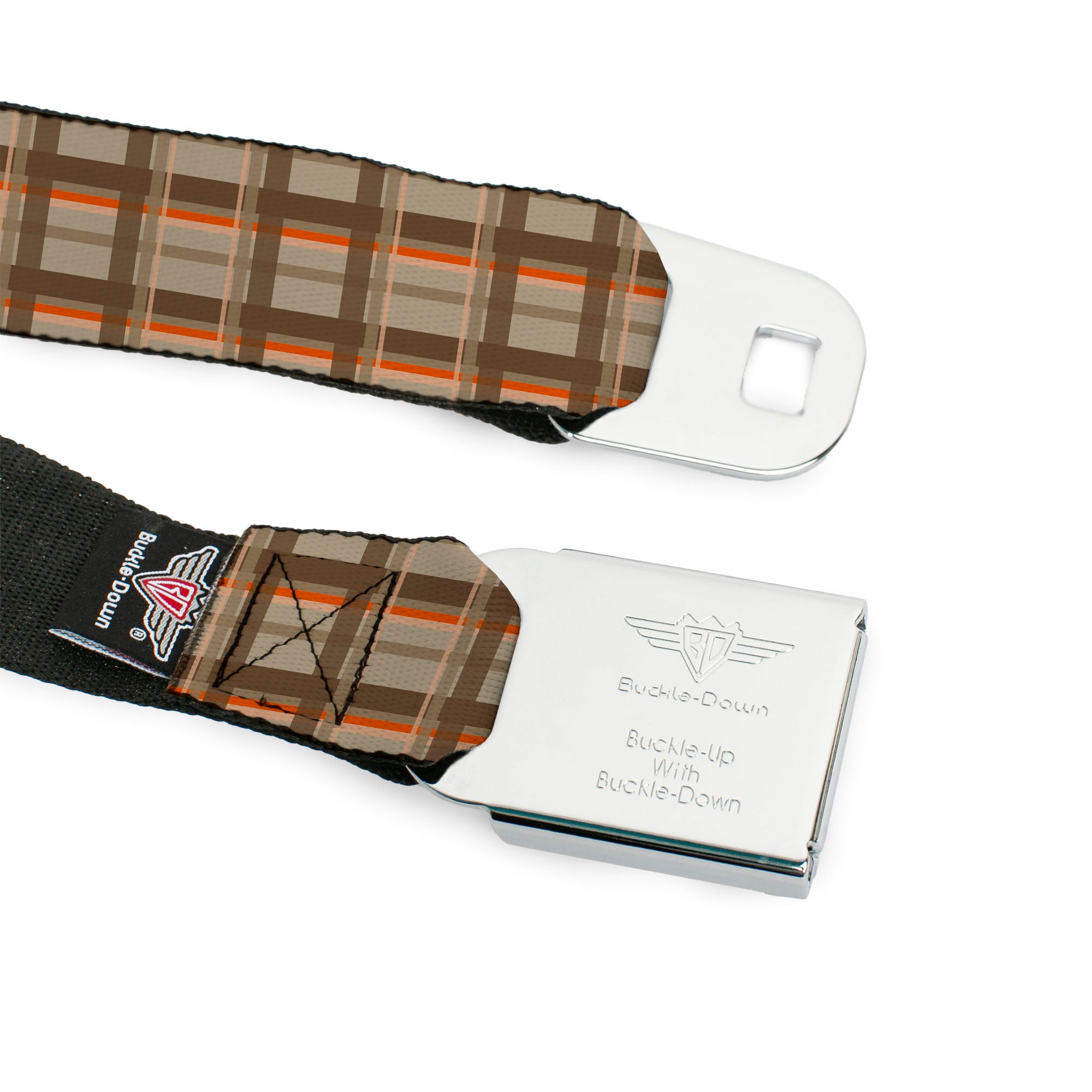 BD Wings Logo CLOSE-UP Full Color Black Silver Seatbelt Belt - Plaid Tan Shades/Orange Webbing Seatbelt Belts Buckle-Down