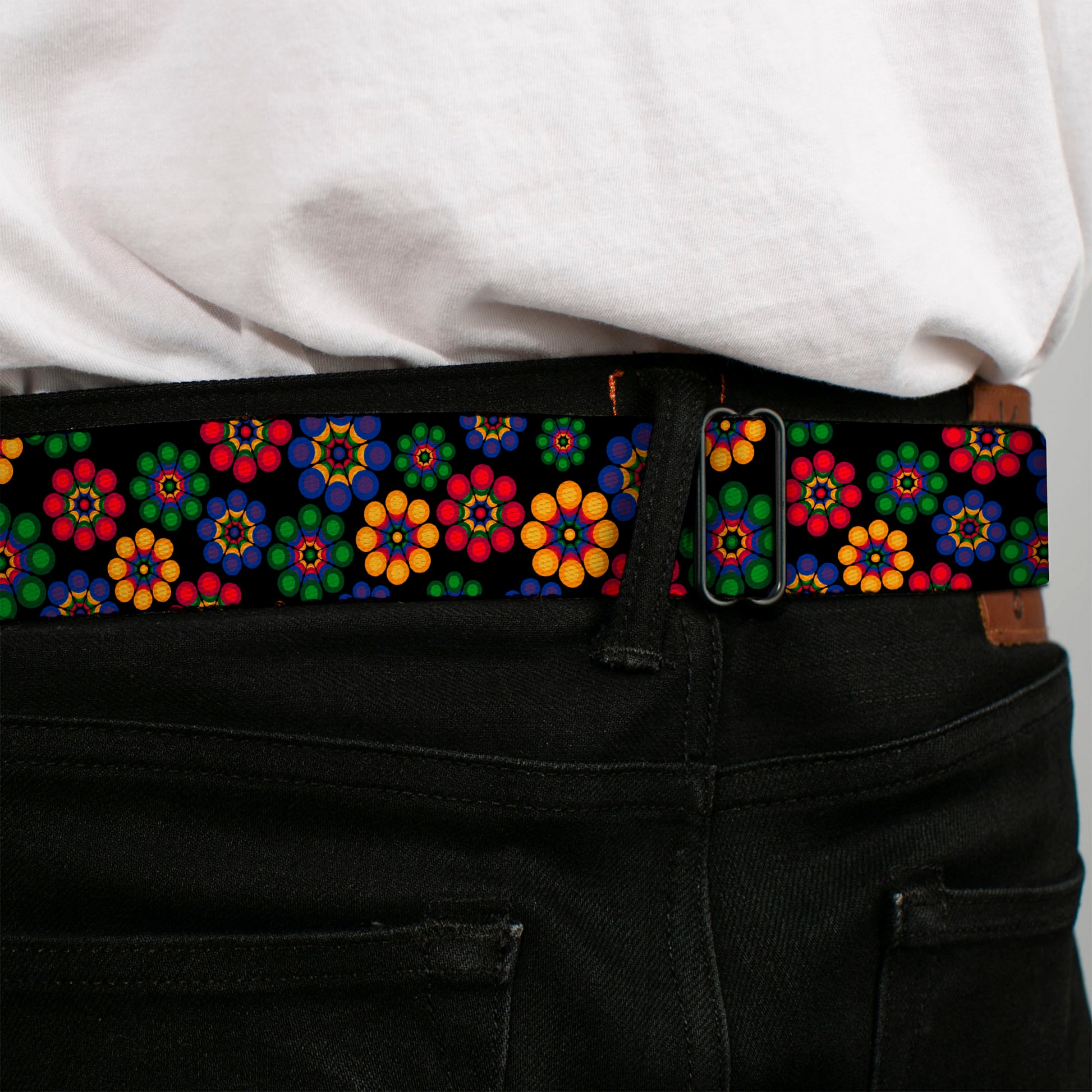 BD Wings Logo CLOSE-UP Black/Silver Seatbelt Belt - Psychedelic Daisies Black/Multi Color Webbing Seatbelt Belts Buckle-Down