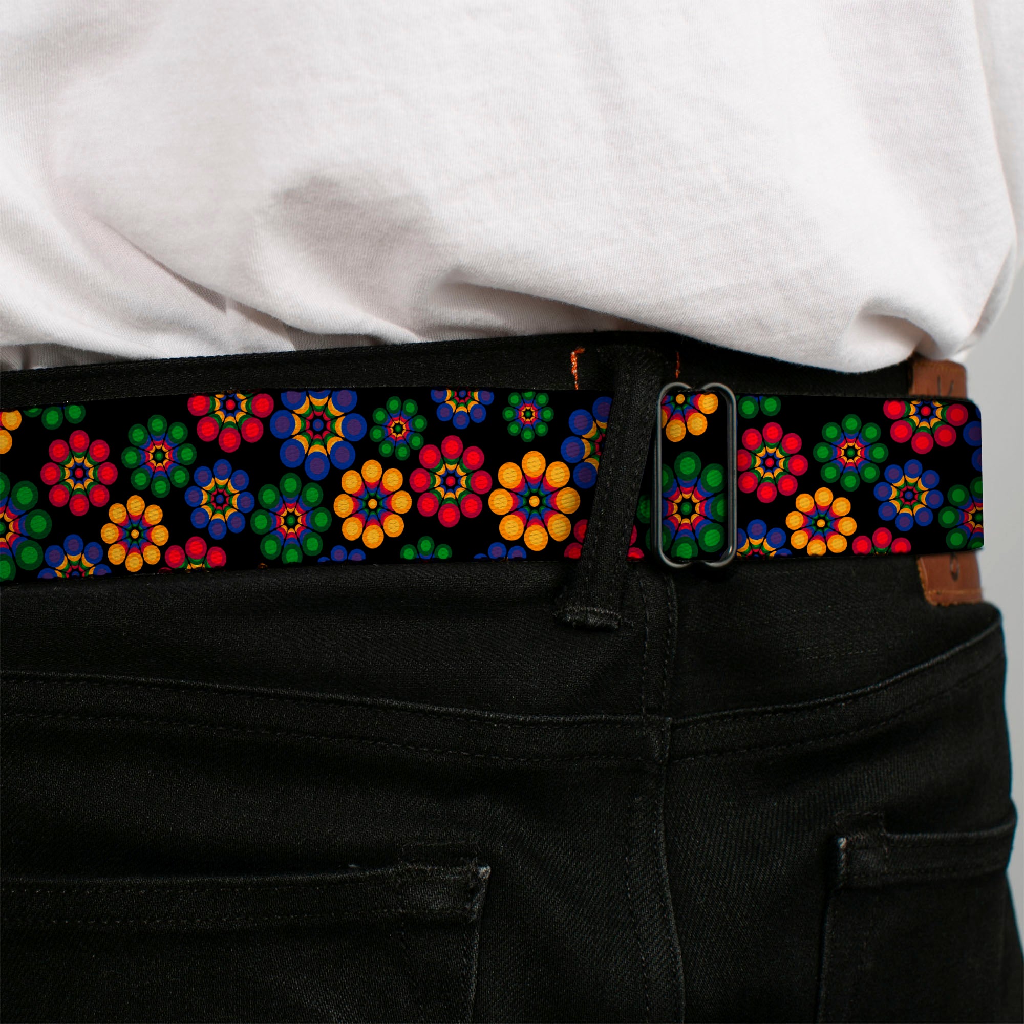 BD Wings Logo CLOSE-UP Black/Silver Seatbelt Belt - Psychedelic Daisies Black/Multi Color Webbing Seatbelt Belts Buckle-Down