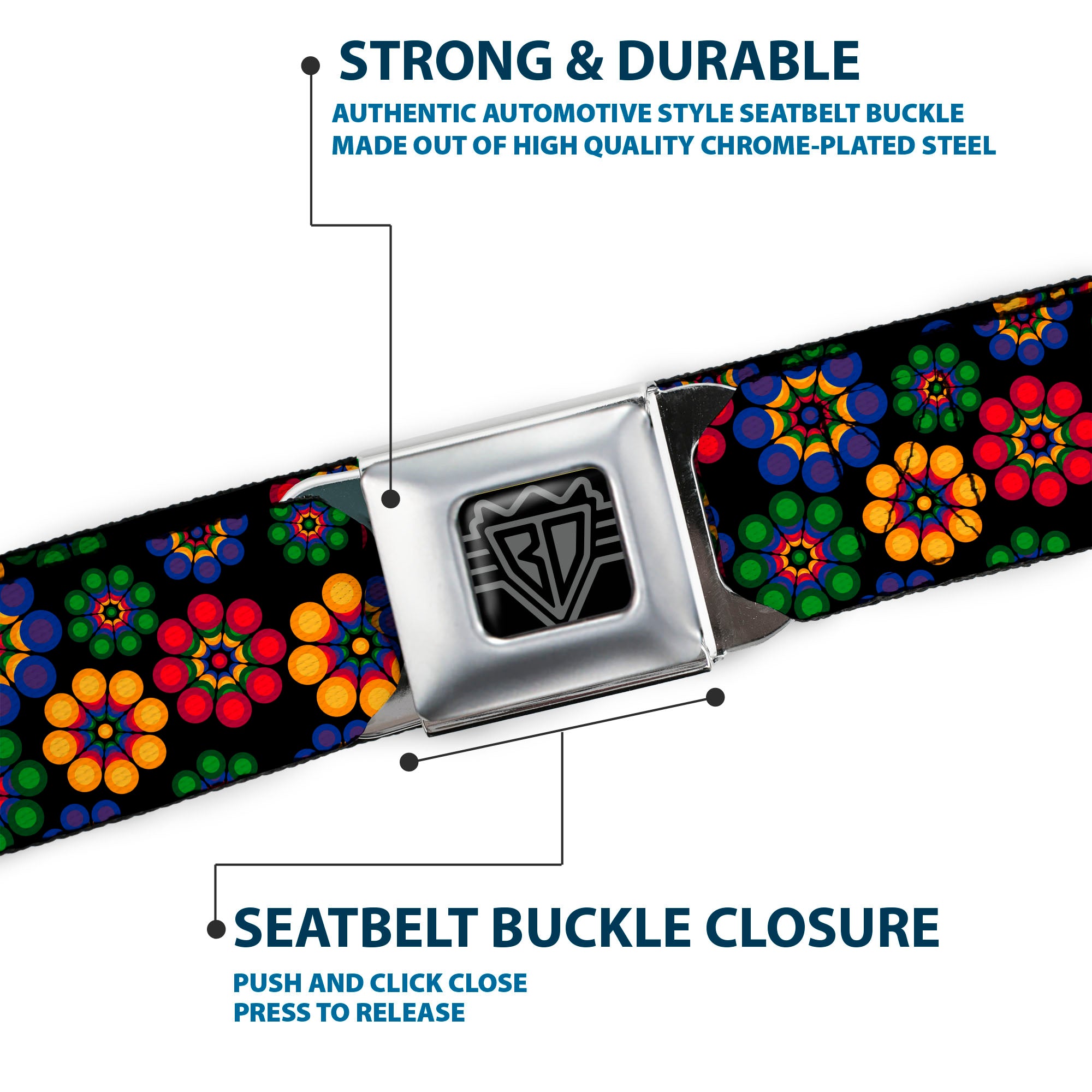 BD Wings Logo CLOSE-UP Black/Silver Seatbelt Belt - Psychedelic Daisies Black/Multi Color Webbing Seatbelt Belts Buckle-Down