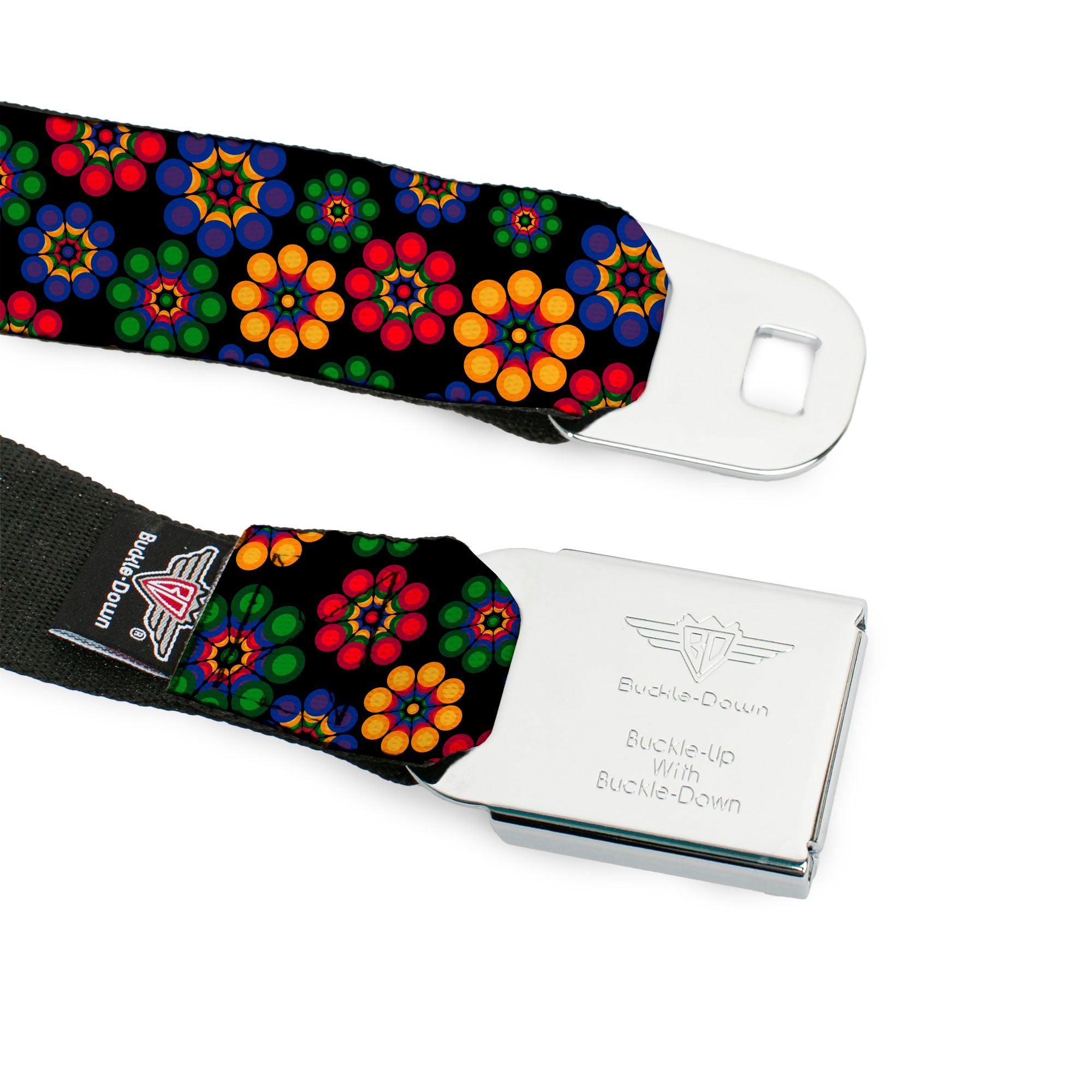 BD Wings Logo CLOSE-UP Black/Silver Seatbelt Belt - Psychedelic Daisies Black/Multi Color Webbing Seatbelt Belts Buckle-Down