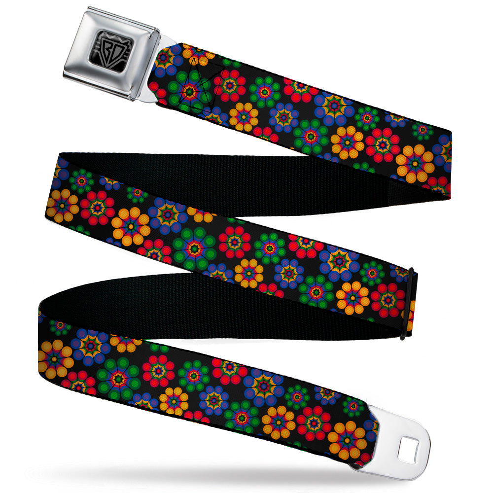 BD Wings Logo CLOSE-UP Black/Silver Seatbelt Belt - Psychedelic Daisies Black/Multi Color Webbing Seatbelt Belts Buckle-Down