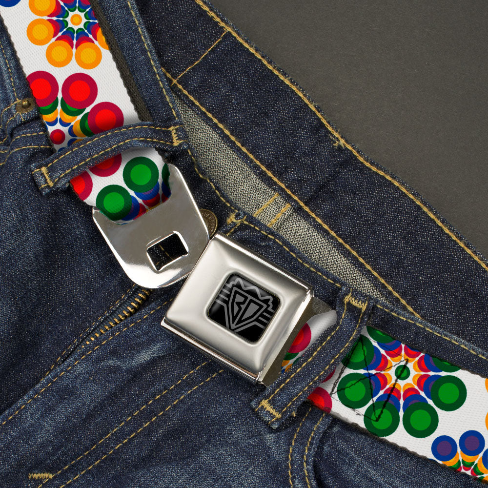 BD Wings Logo CLOSE-UP Black/Silver Seatbelt Belt - Psychedelic Daisies CLOSE-UP White/Multi Color Webbing Seatbelt Belts Buckle-Down