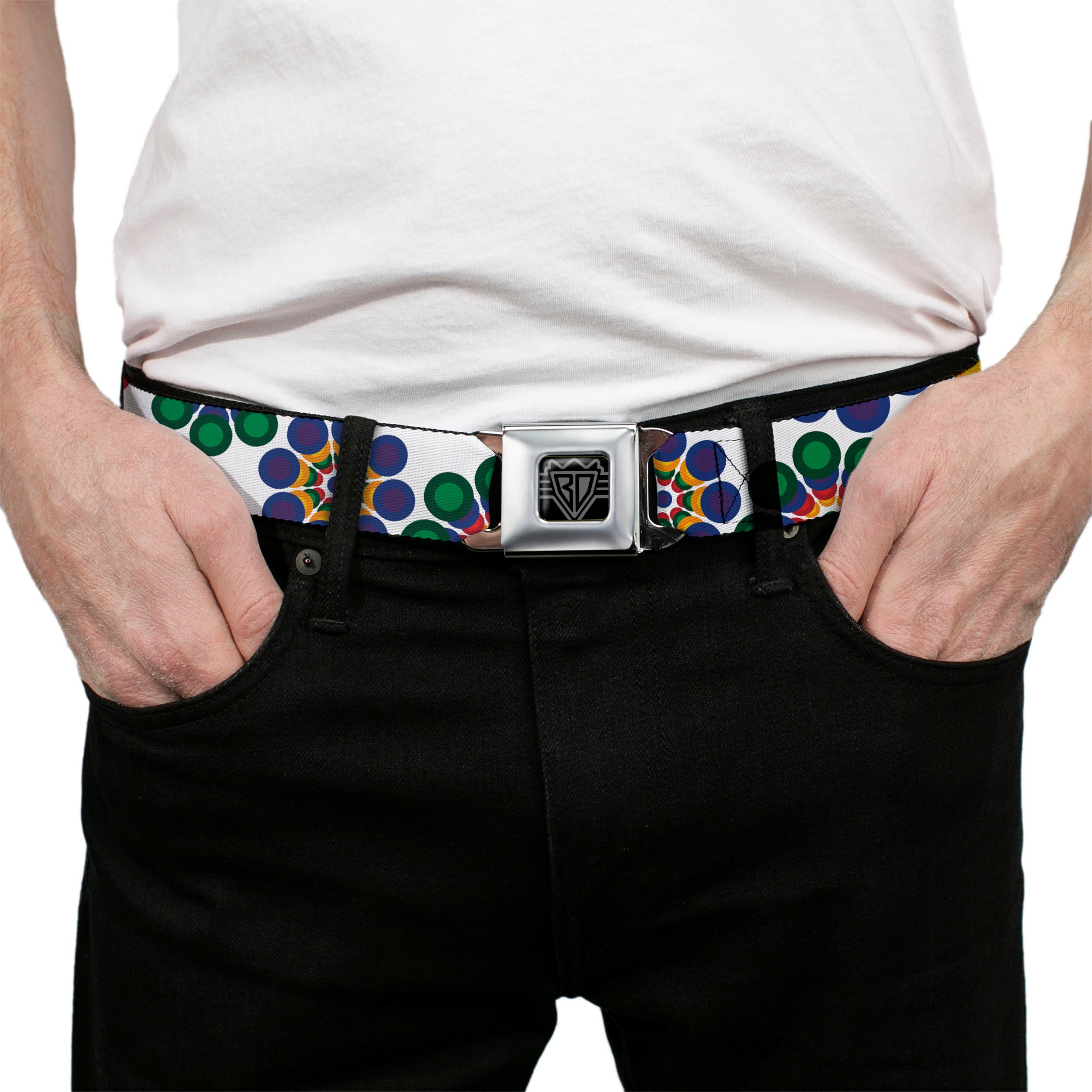 BD Wings Logo CLOSE-UP Black/Silver Seatbelt Belt - Psychedelic Daisies CLOSE-UP White/Multi Color Webbing Seatbelt Belts Buckle-Down
