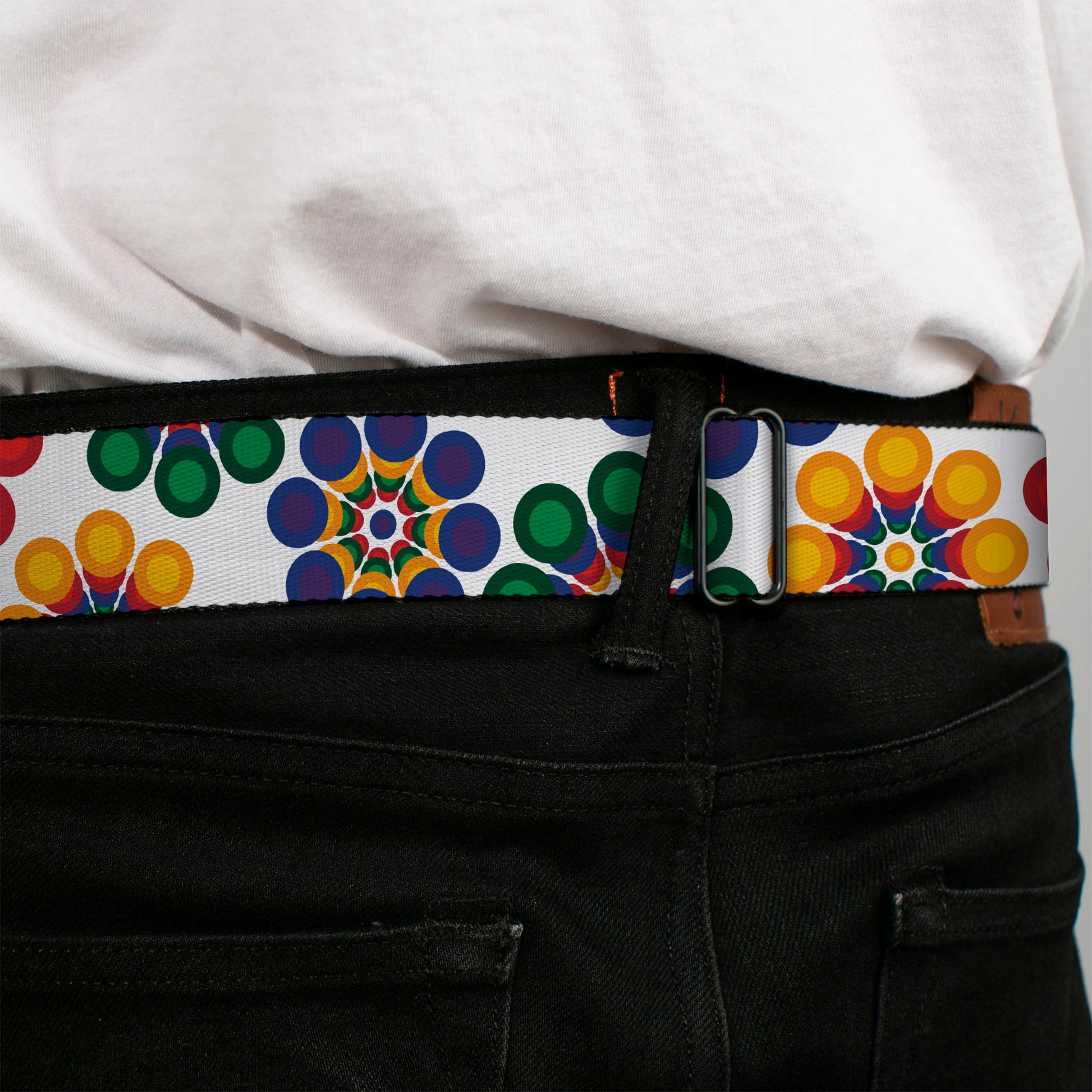 BD Wings Logo CLOSE-UP Black/Silver Seatbelt Belt - Psychedelic Daisies CLOSE-UP White/Multi Color Webbing Seatbelt Belts Buckle-Down