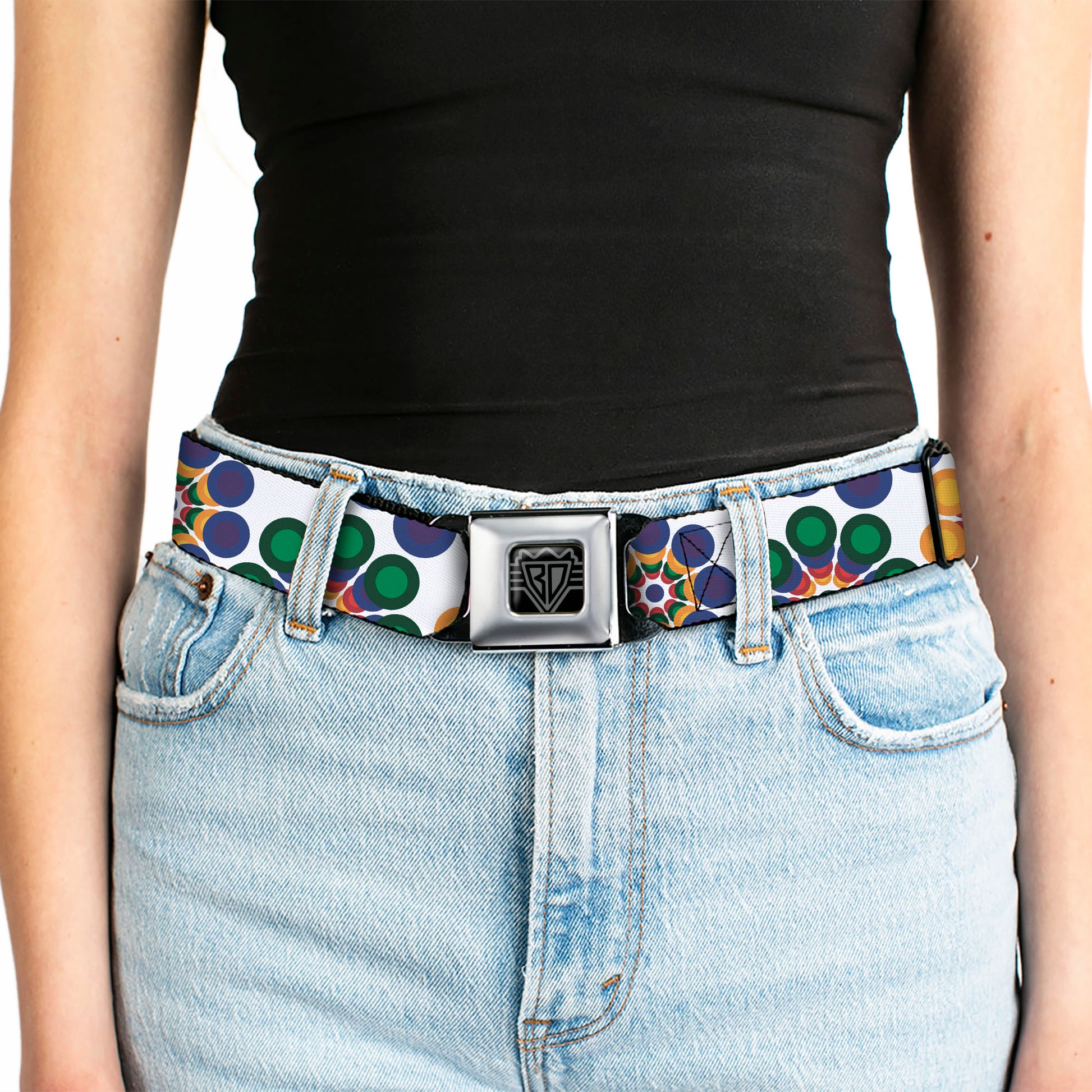 BD Wings Logo CLOSE-UP Black/Silver Seatbelt Belt - Psychedelic Daisies CLOSE-UP White/Multi Color Webbing Seatbelt Belts Buckle-Down