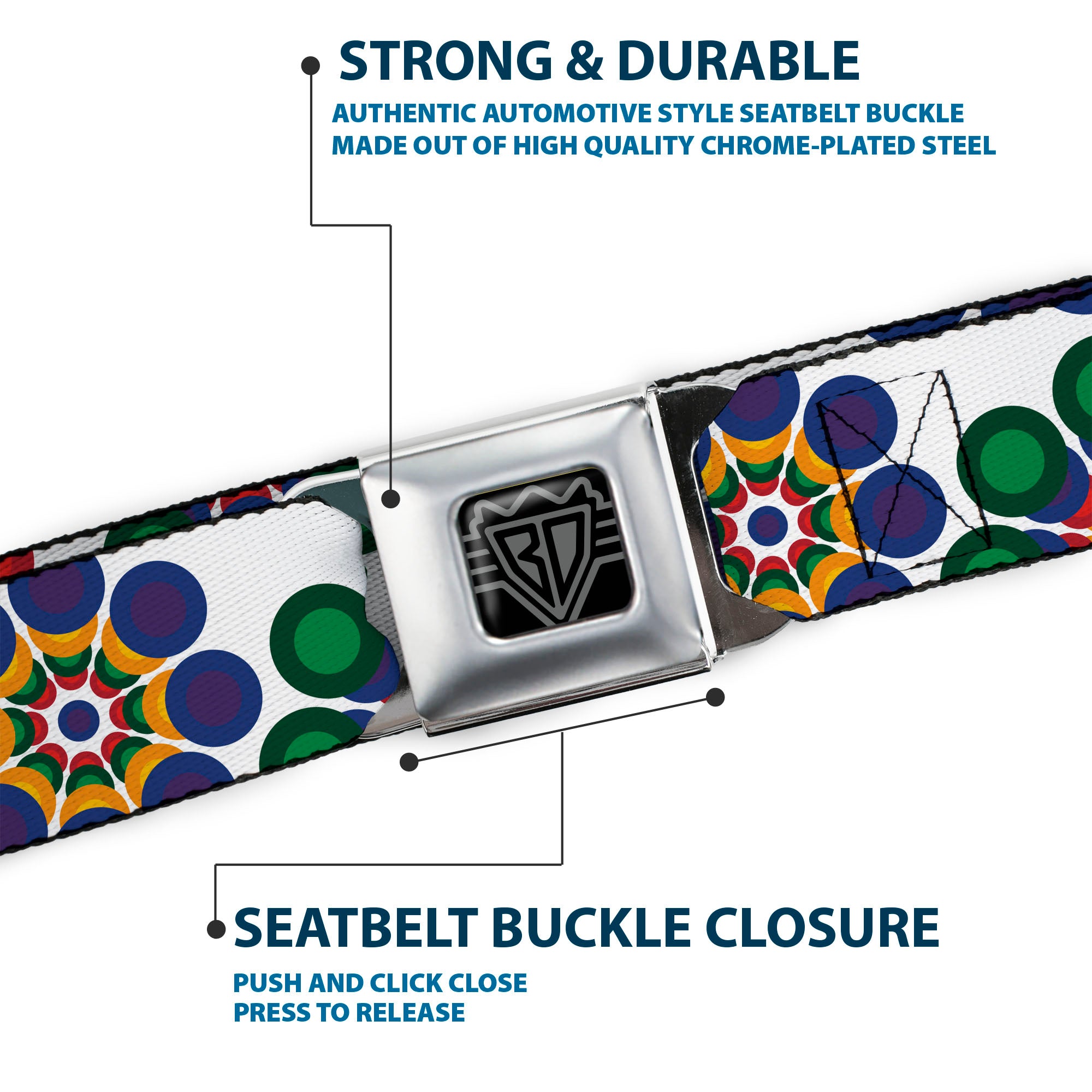 BD Wings Logo CLOSE-UP Black/Silver Seatbelt Belt - Psychedelic Daisies CLOSE-UP White/Multi Color Webbing Seatbelt Belts Buckle-Down