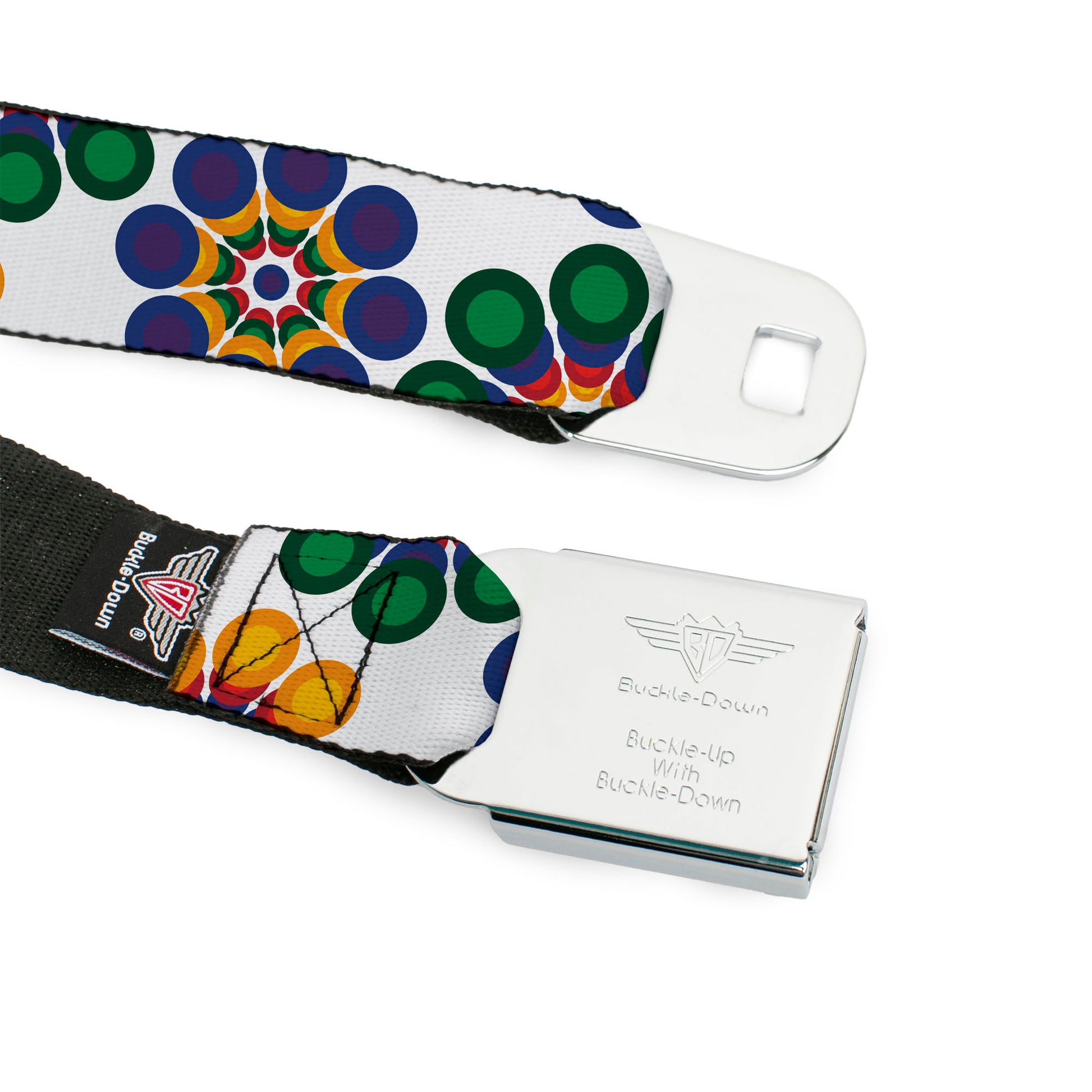 BD Wings Logo CLOSE-UP Black/Silver Seatbelt Belt - Psychedelic Daisies CLOSE-UP White/Multi Color Webbing Seatbelt Belts Buckle-Down