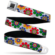 BD Wings Logo CLOSE-UP Black/Silver Seatbelt Belt - Psychedelic Daisies CLOSE-UP White/Multi Color Webbing Seatbelt Belts Buckle-Down